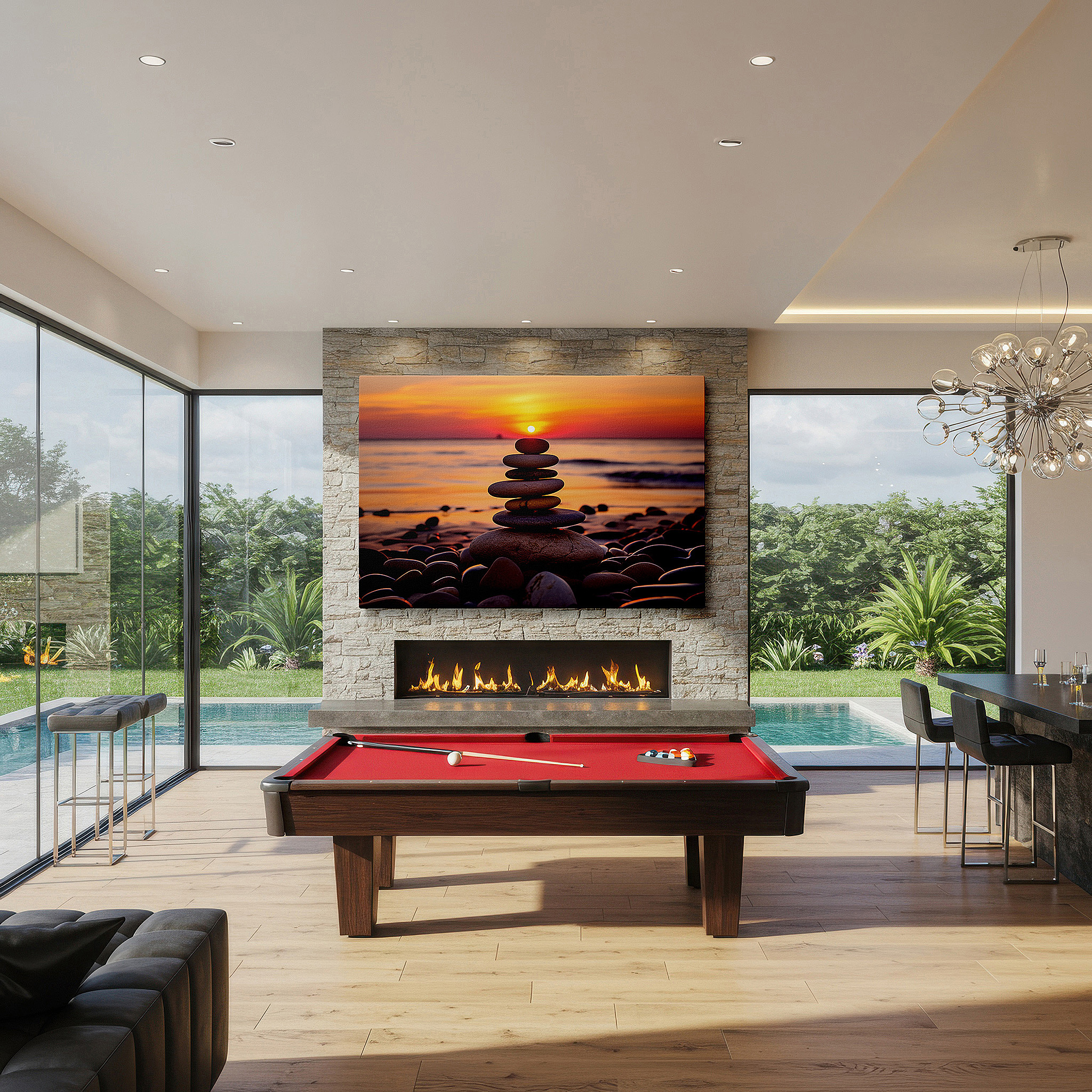Available in 30×20 cm — a subtle addition to small personal spaces — serene sunset at pebble beach featuring balanced stones, symbolizing harmony and peace - large canvas wall art for home and office decor