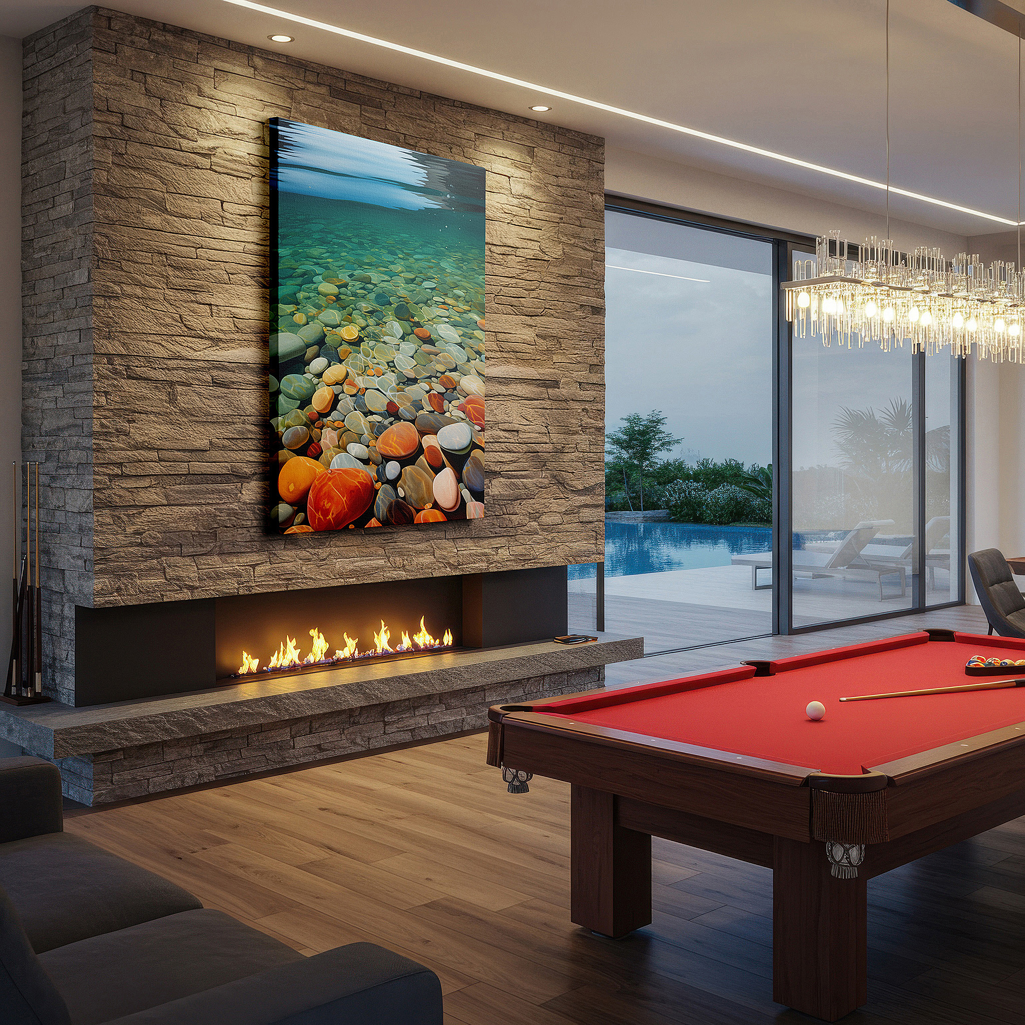 Available in 30×20 cm — a subtle addition to small personal spaces — serene underwater pebble landscape with sunlit hues, large canvas wall art for office, bedroom, and living room decor