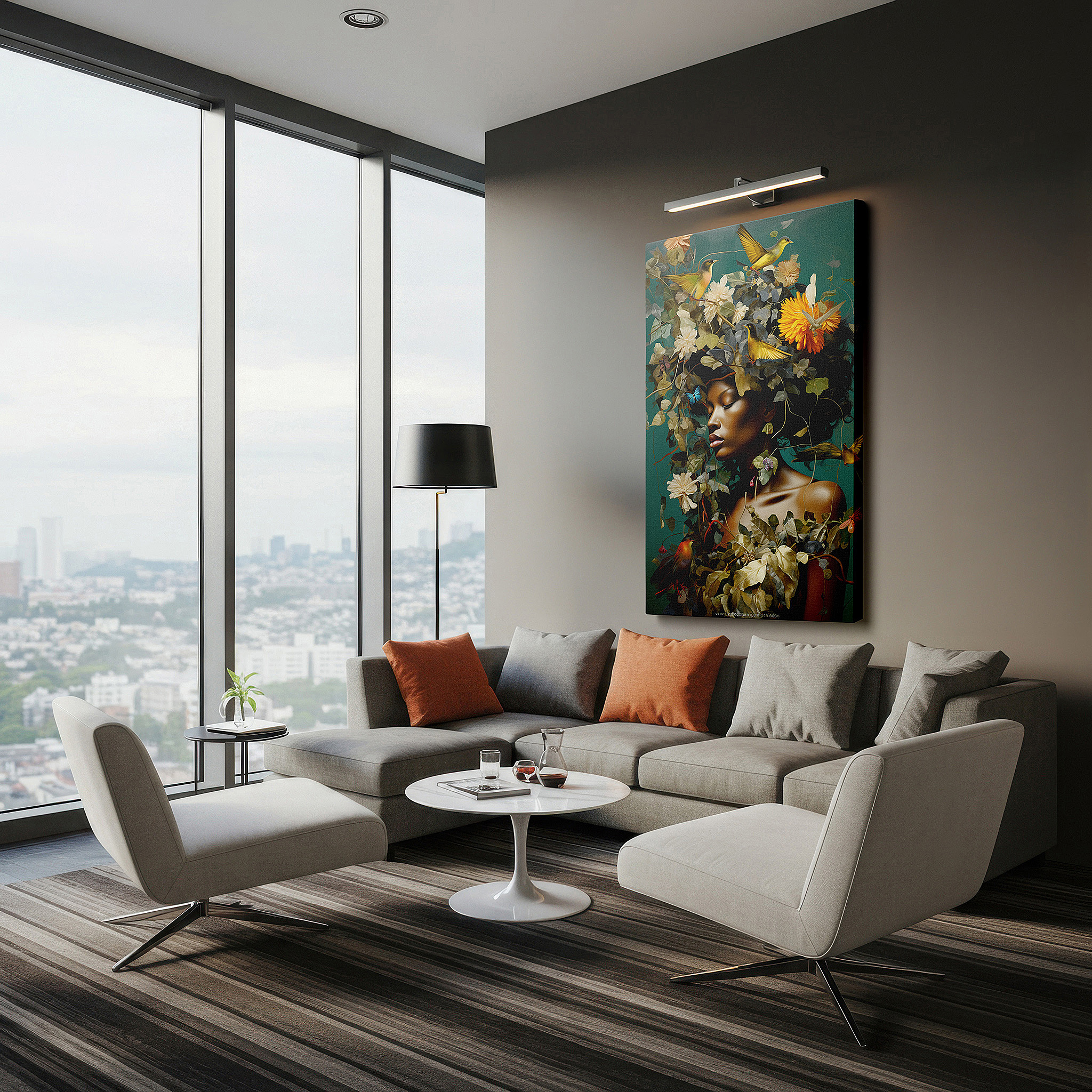 Available in 30×20 cm — a subtle addition to small personal spaces — serene woman with floral crown and birds: a symphony of nature and humanity - large canvas wall art for home and office decor