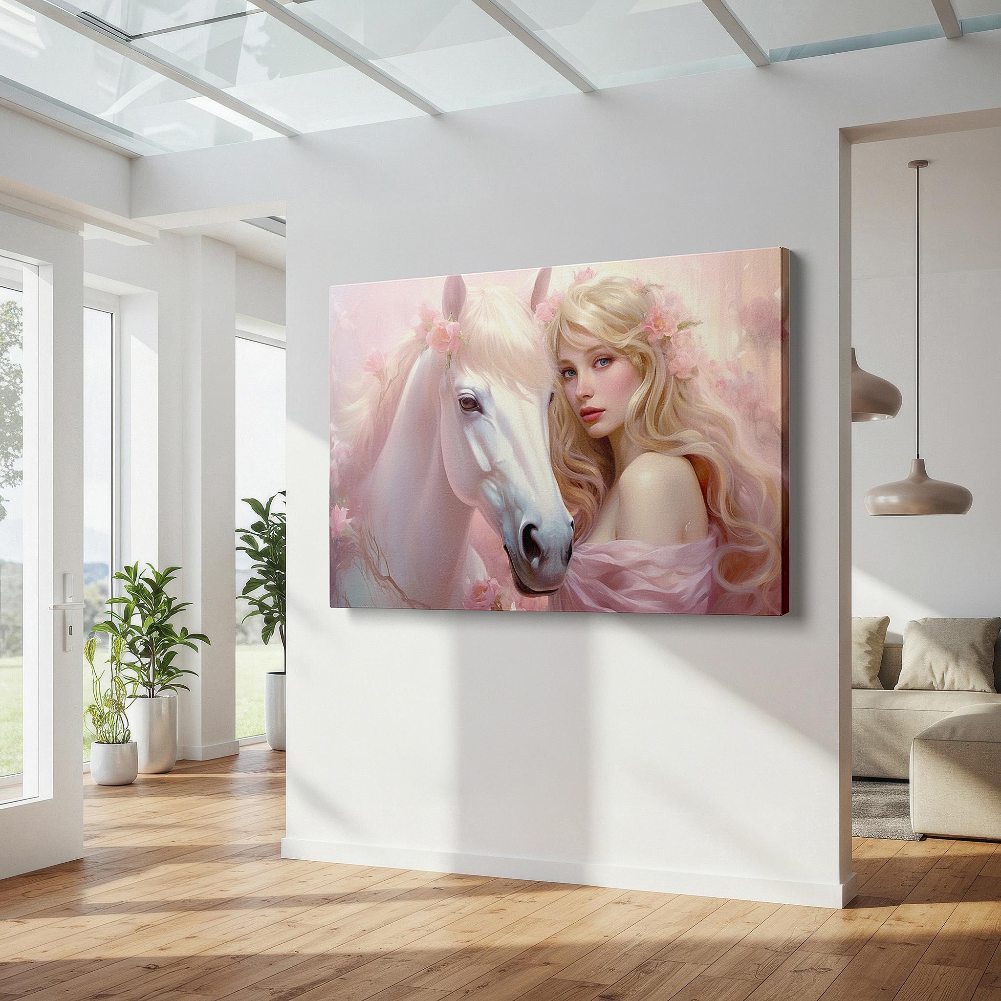 Available in 30×20 cm — a subtle addition to small personal spaces — serene woman with majestic white horse in a dreamy pastel landscape - large canvas wall art for office and bedroom decor