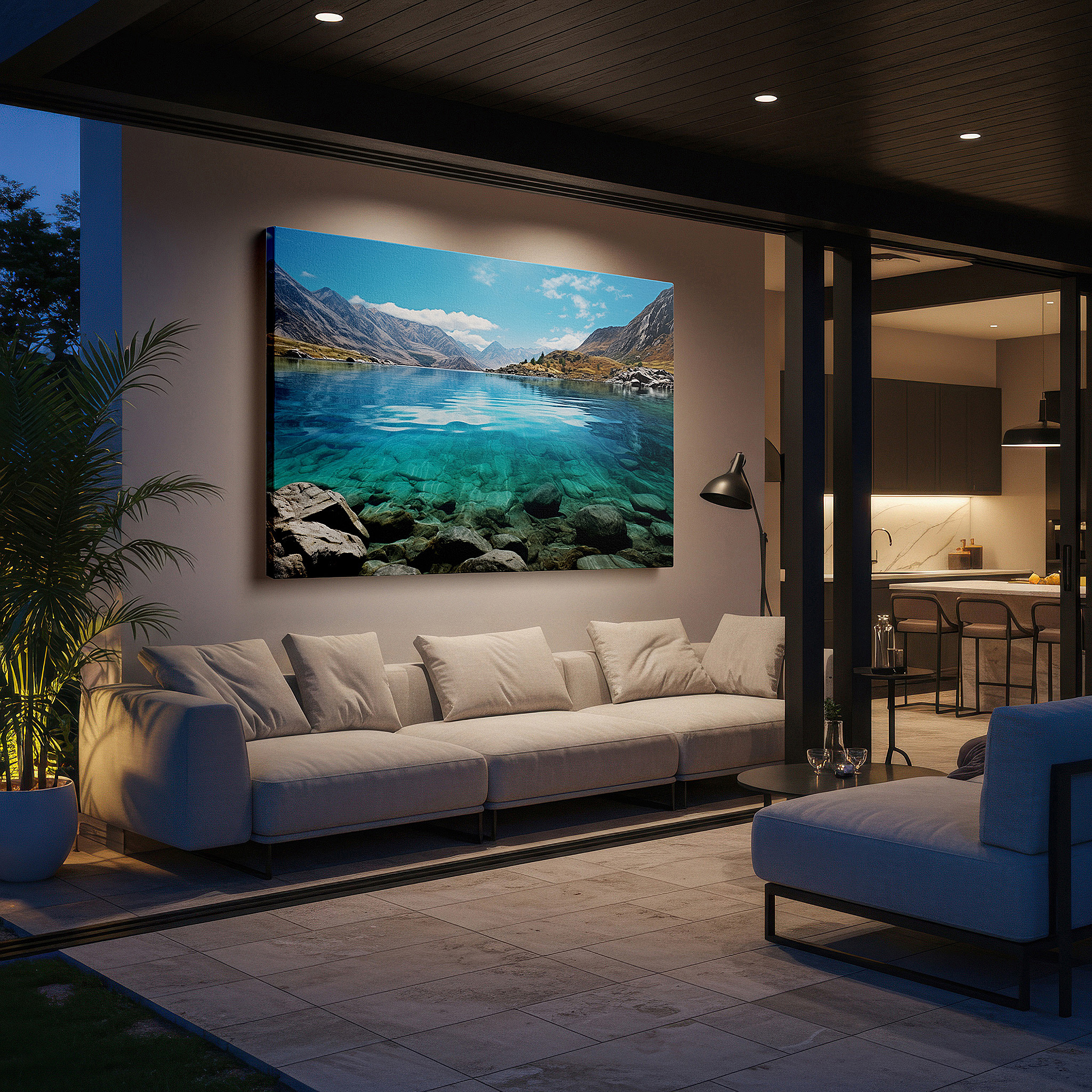 Available in 30×20 cm — a subtle addition to small personal spaces — snow-capped mountains and golden skies reflected in majestic lake large canvas wall art for office and bedroom decor