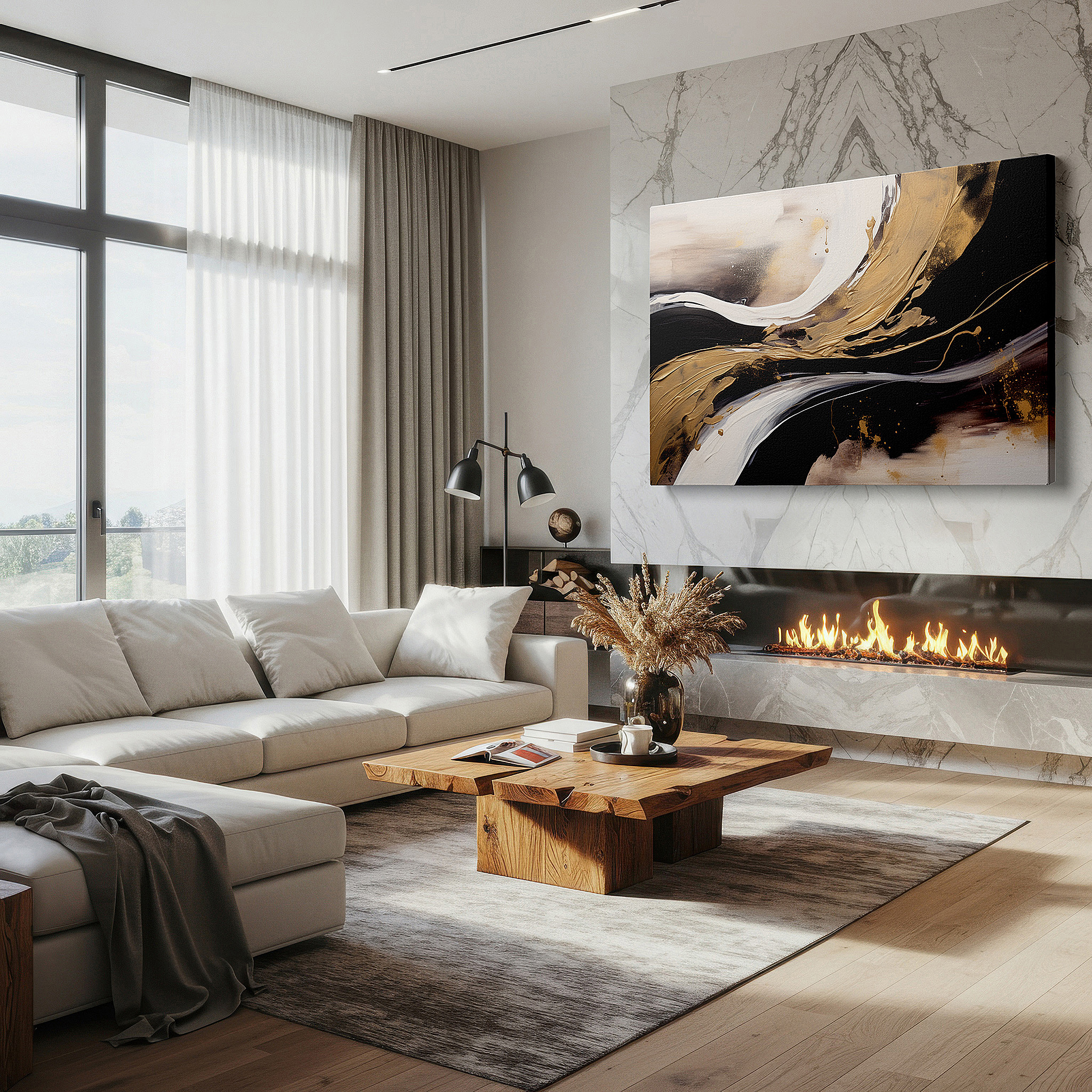 Available in 30×20 cm — a subtle addition to small personal spaces — sophisticated abstract dance in black, white, and gold accents - large canvas wall art for office, bedroom, and living room decor