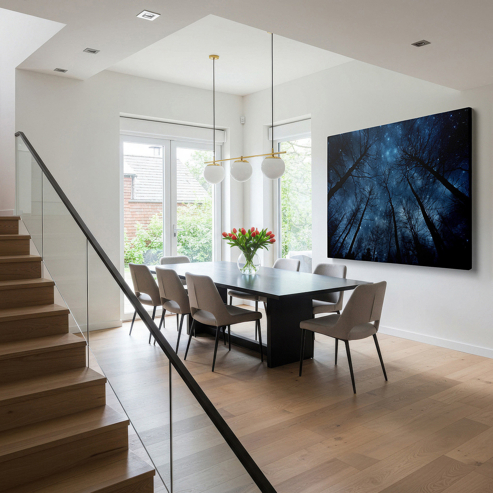 Available in 30×20 cm — a subtle addition to small personal spaces — starlit sky and silhouetted trees: reflecting on the vastness of the universe and existential solitude - large wall art, canvas wall art, office wall decor