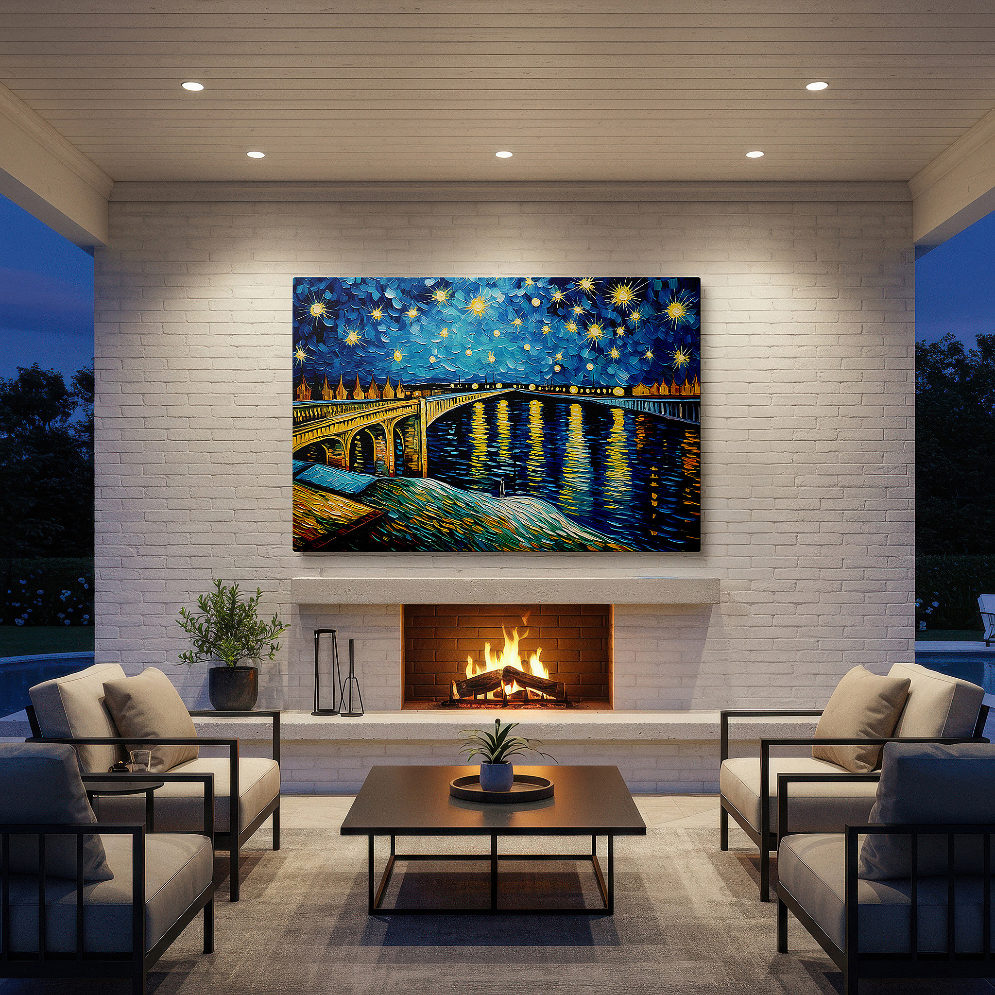 Available in 30×20 cm — a subtle addition to small personal spaces — starry night over tranquil river with golden bridge lights - large canvas wall art for office, bedroom, and living room decor
