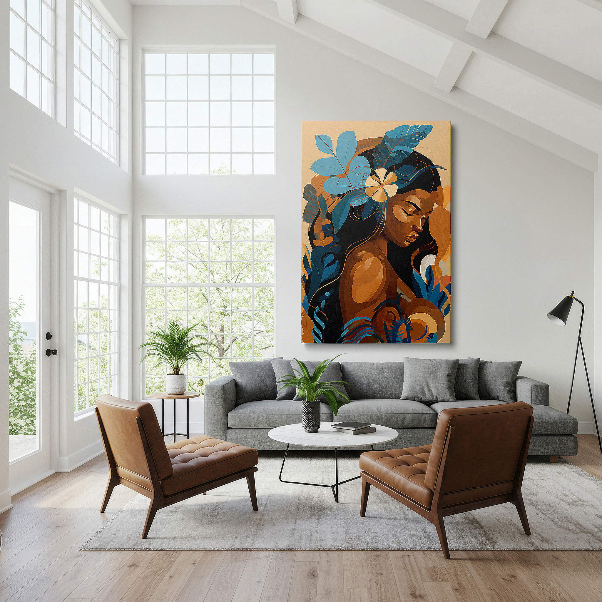 Available in 30×20 cm — a subtle addition to small personal spaces — stylized portrait of a woman with vibrant floral accents celebrating femininity and nature, large canvas wall art decor