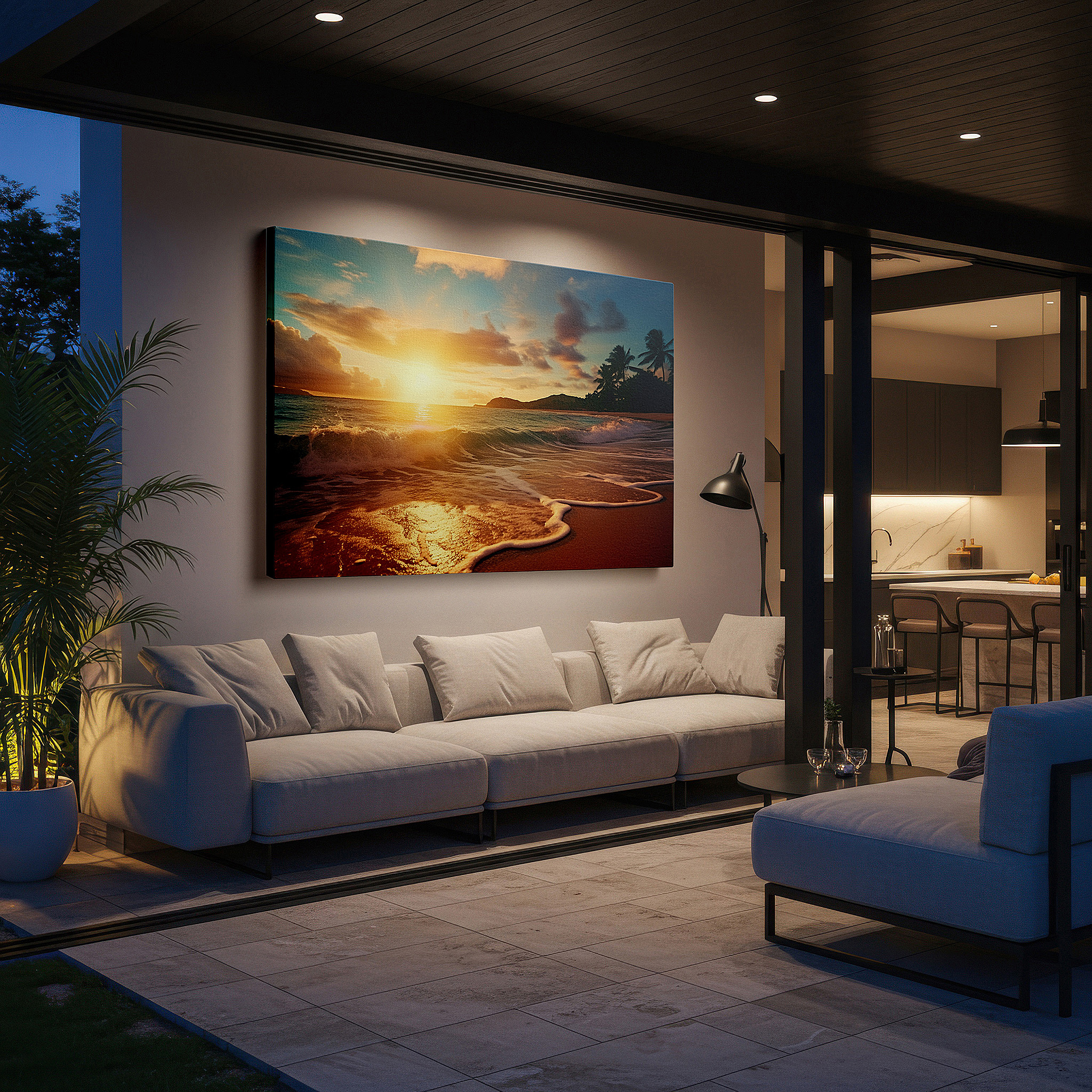 Available in 30×20 cm — a subtle addition to small personal spaces — sunrise serenity on a sandy beach - warm hues and gentle waves large wall art, canvas wall art, wall decor for office and bedroom