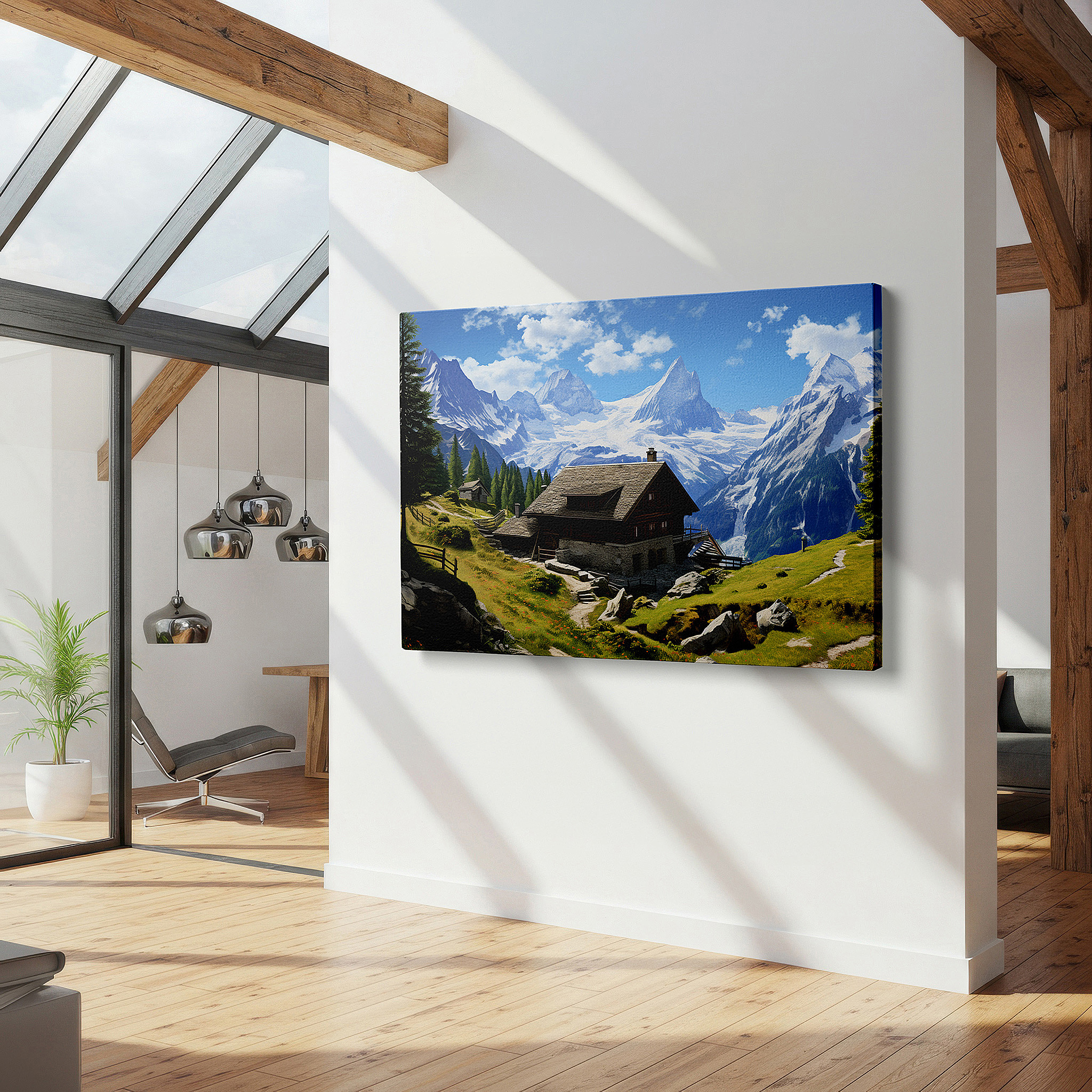 Available in 30×20 cm — a subtle addition to small personal spaces — swiss alps serene retreat: rustic cabin surrounded by verdant hills and snowy peaks - large wall art, canvas, office decor