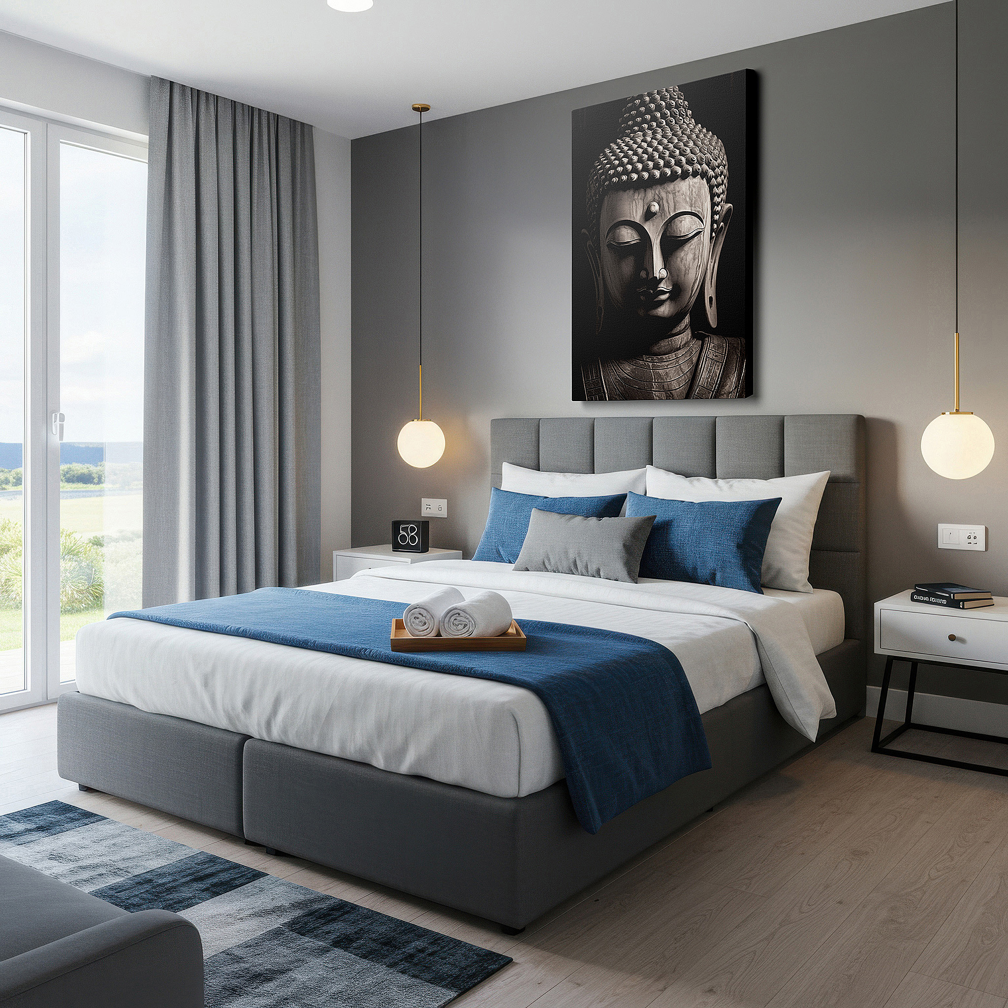 Available in 30×20 cm — a subtle addition to small personal spaces — tranquil buddha sculpture wall art in black and white - large canvas for spiritual depth and serenity, ideal for office and bedroom decor
