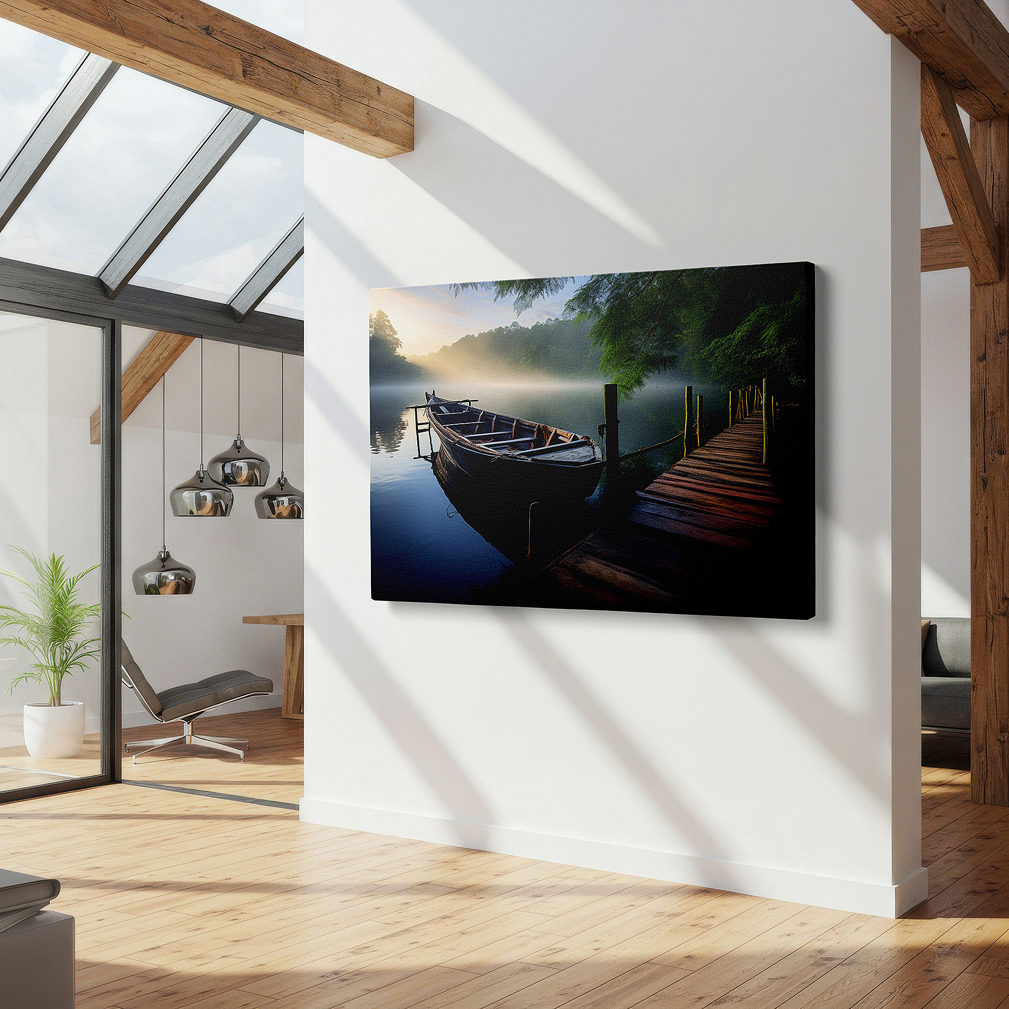 Available in 30×20 cm — a subtle addition to small personal spaces — tranquil dawn and old wooden boat at rustic dock large canvas wall art, perfect for office and bedroom decor