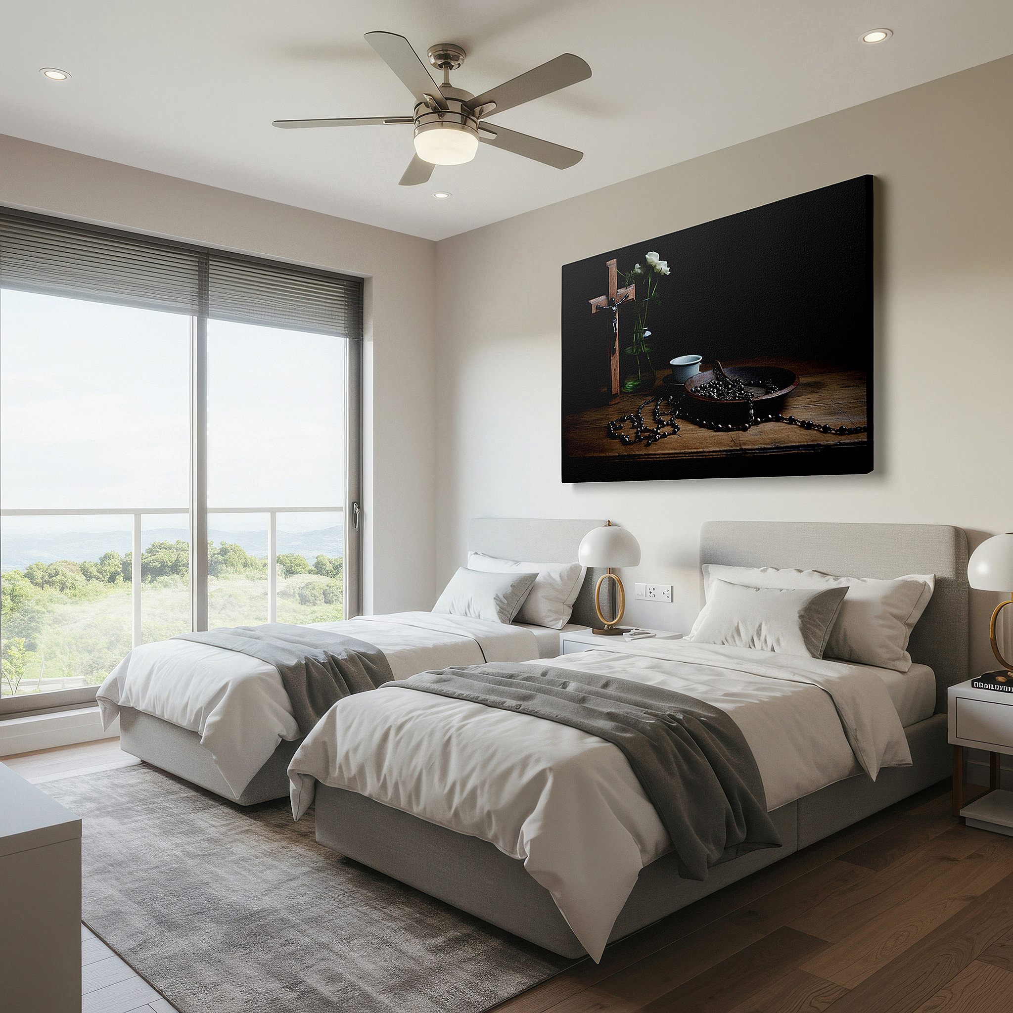 Available in 30×20 cm — a subtle addition to small personal spaces — tranquil faith reflections: large canvas wall art featuring a wooden cross and silver rosary with white flowers, ideal for office wall decor