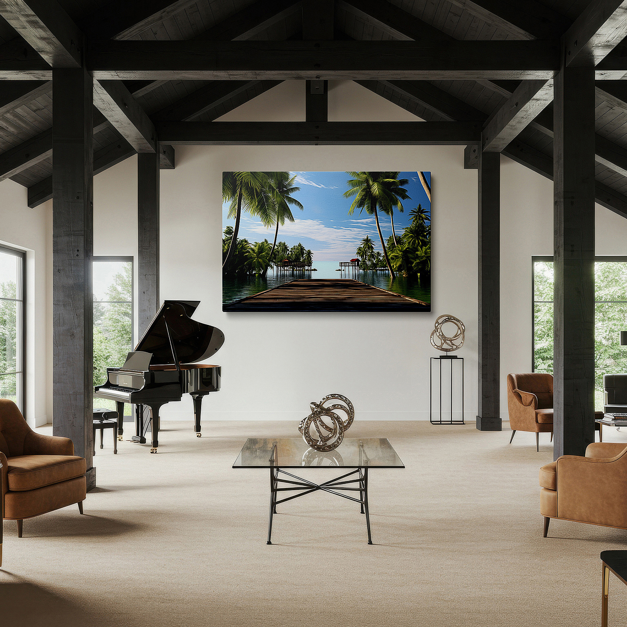 Available in 30×20 cm — a subtle addition to small personal spaces — tropical paradise featuring lush palms and peaceful dock for quiet reflection - large wall art, canvas wall art, wall decor for office and bedroom