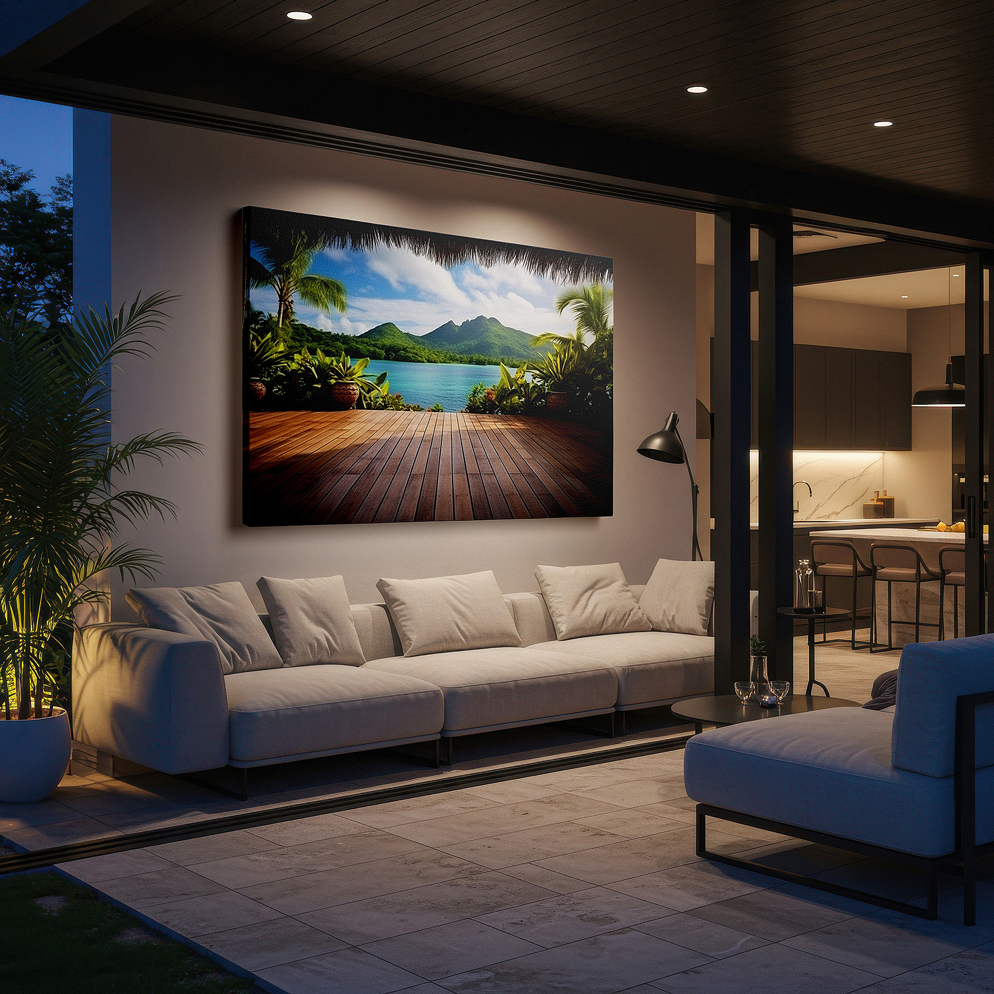 Available in 30×20 cm — a subtle addition to small personal spaces — tropical paradise portal featuring verdant mountains and serene blue bay - large canvas wall art for office and bedroom decor