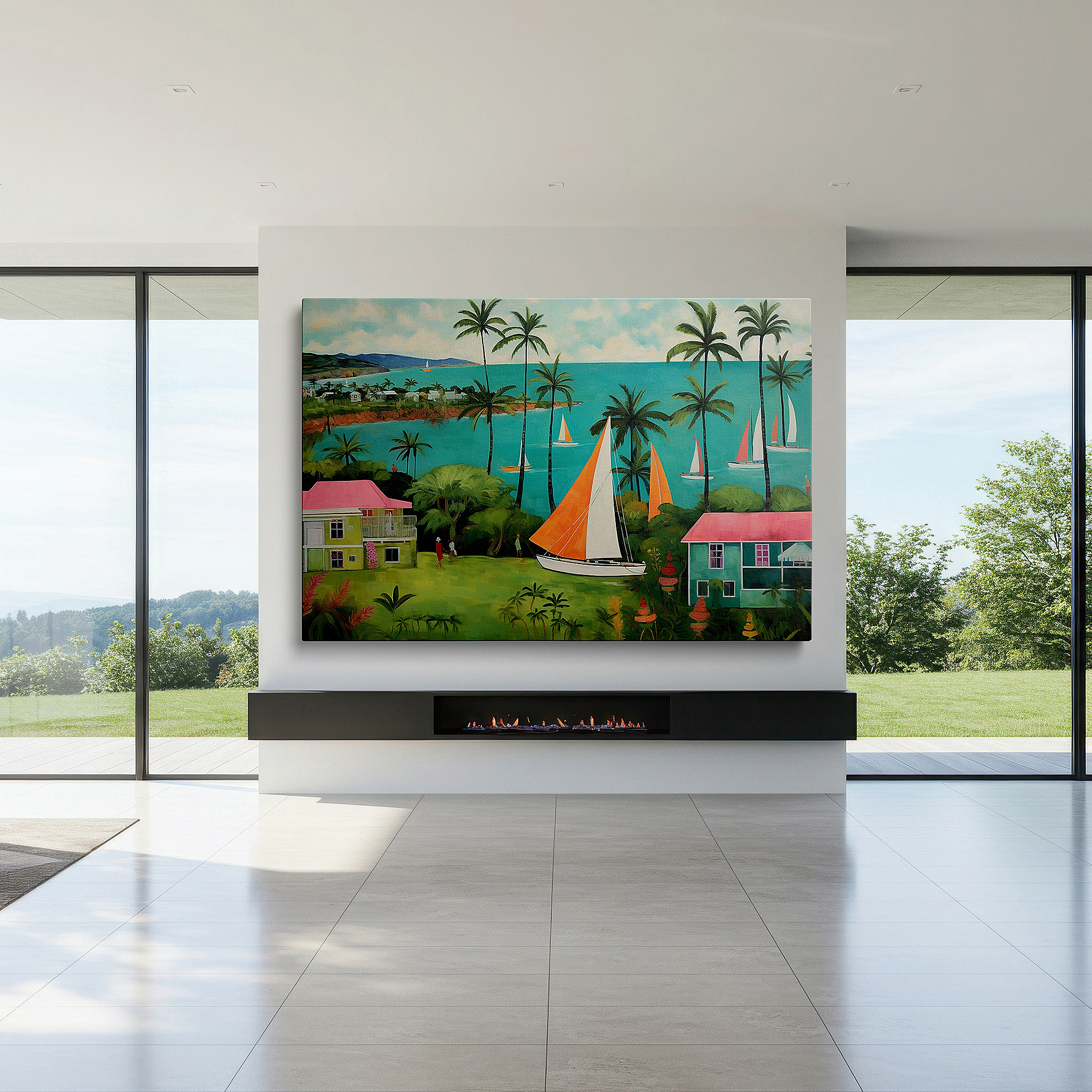 Available in 30×20 cm — a subtle addition to small personal spaces — tropical paradise scene with vibrant sailboats and lush palms, serene seascape large canvas wall art for office and bedroom decor