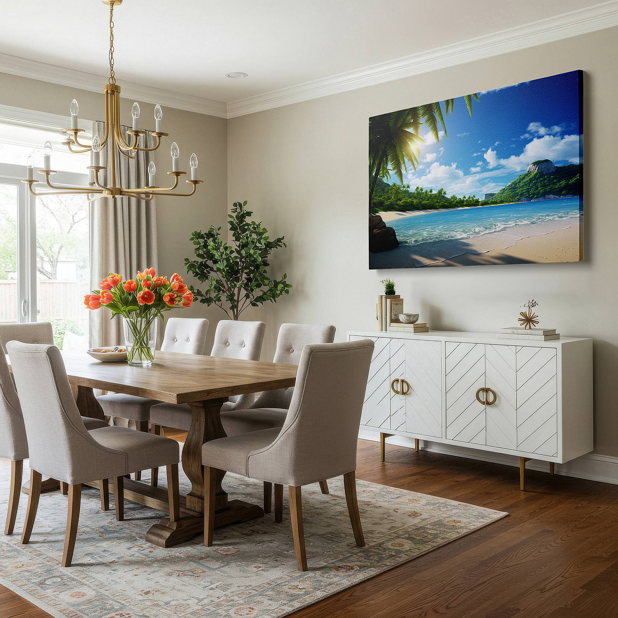 Available in 30×20 cm — a subtle addition to small personal spaces — tropical paradise wall art featuring crystal-clear waters and lush greenery, large canvas for home and office decor