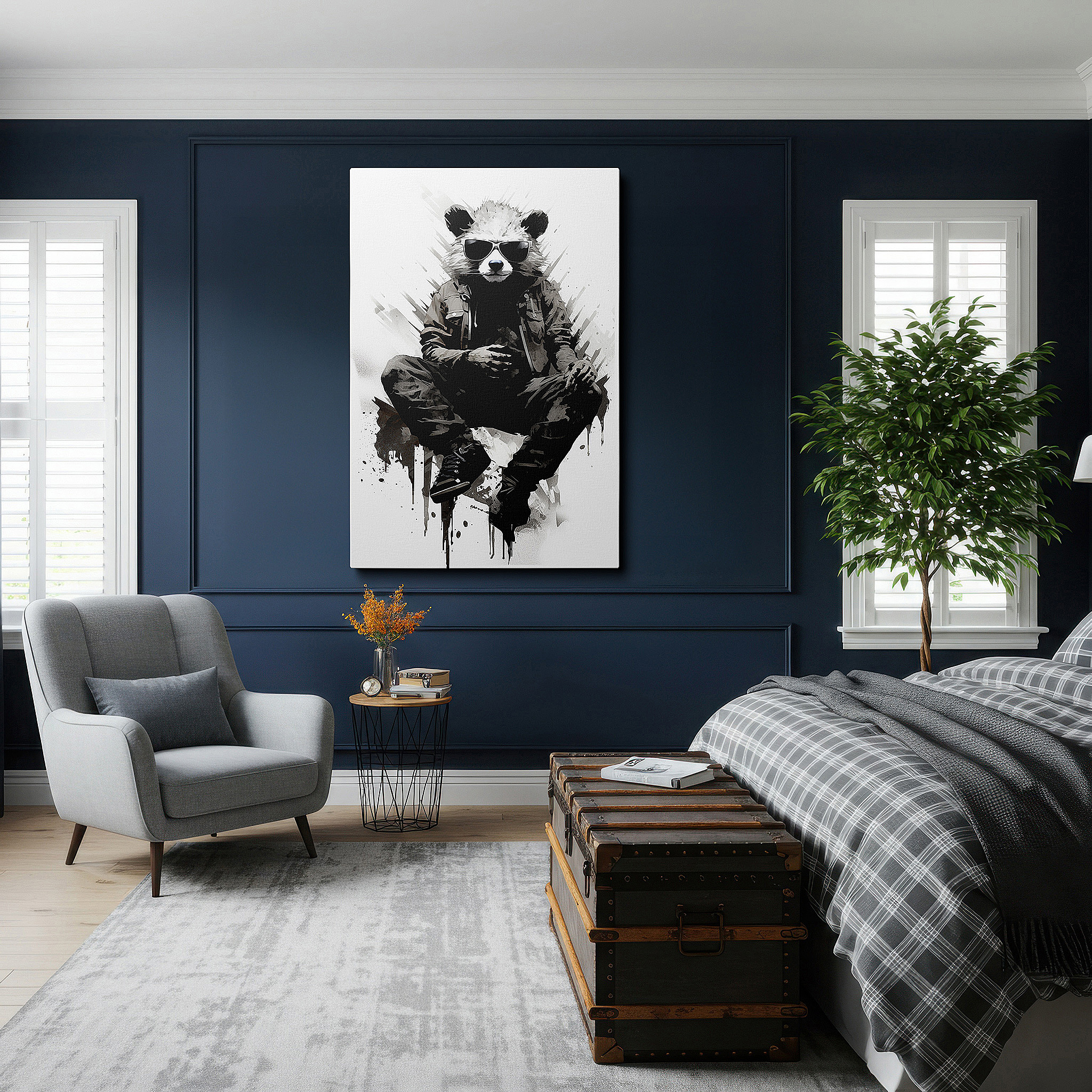 Available in 30×20 cm — a subtle addition to small personal spaces — urban-chic panda wall art: blending nature and culture in trendy attire - perfect for office, bedroom, and living room decor