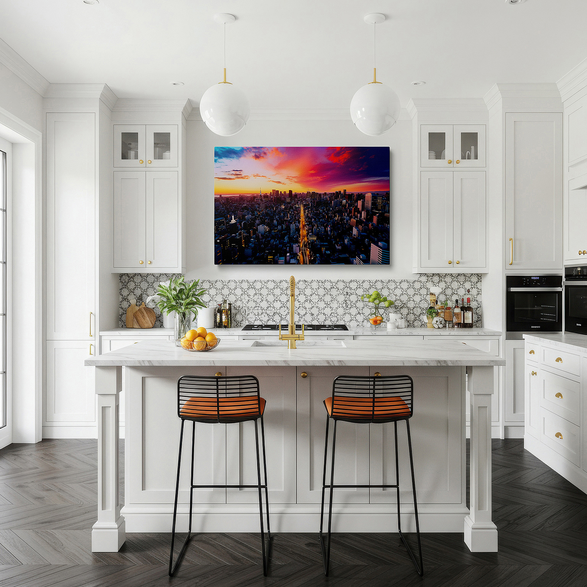 Available in 30×20 cm — a subtle addition to small personal spaces — urban sunset enchantment: a vivid symphony of light and architecture - large canvas wall art for office and bedroom decor