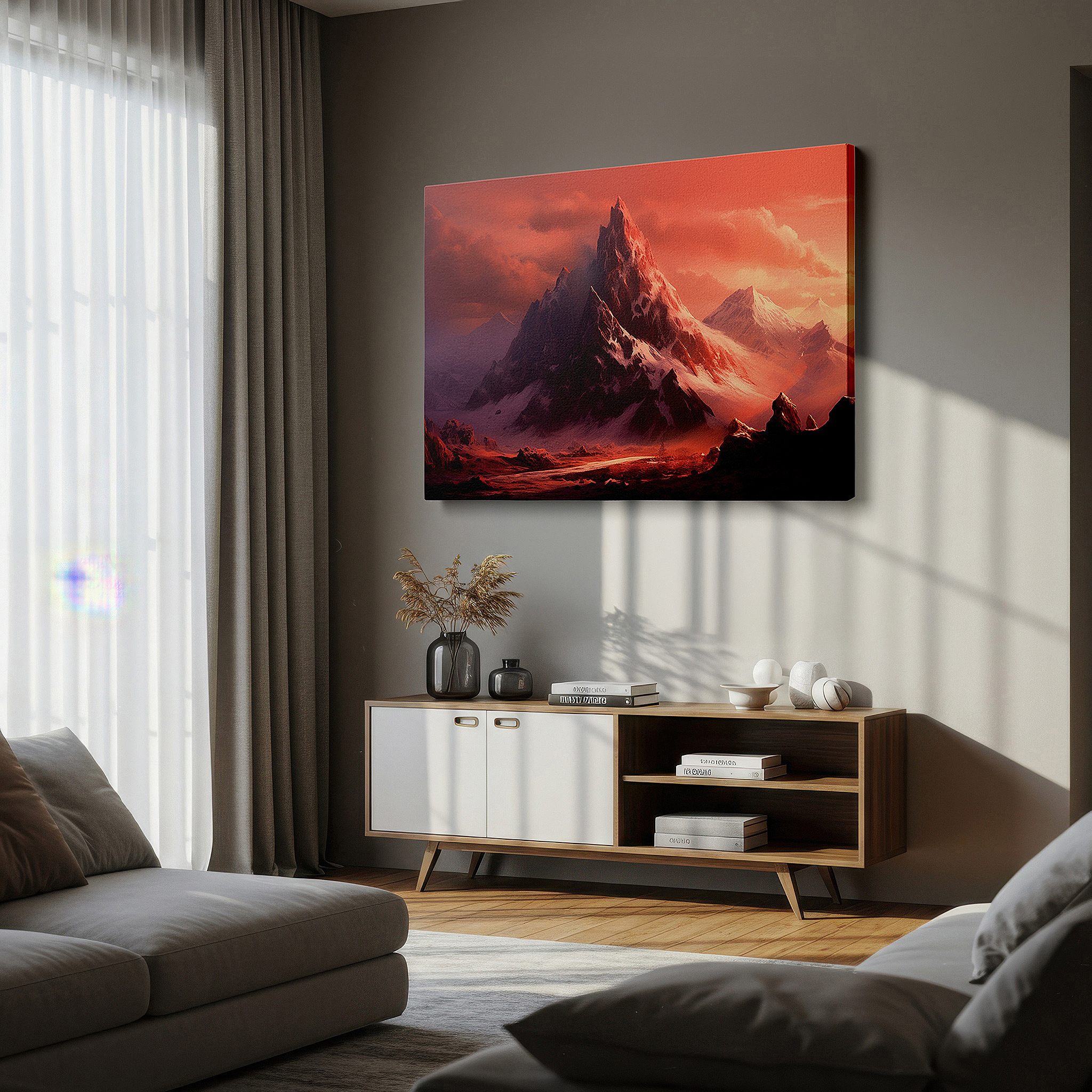 Available in 30×20 cm — a subtle addition to small personal spaces — vermilion majestic mountain peak, dramatic nature-inspired large canvas wall art for office and bedroom decor