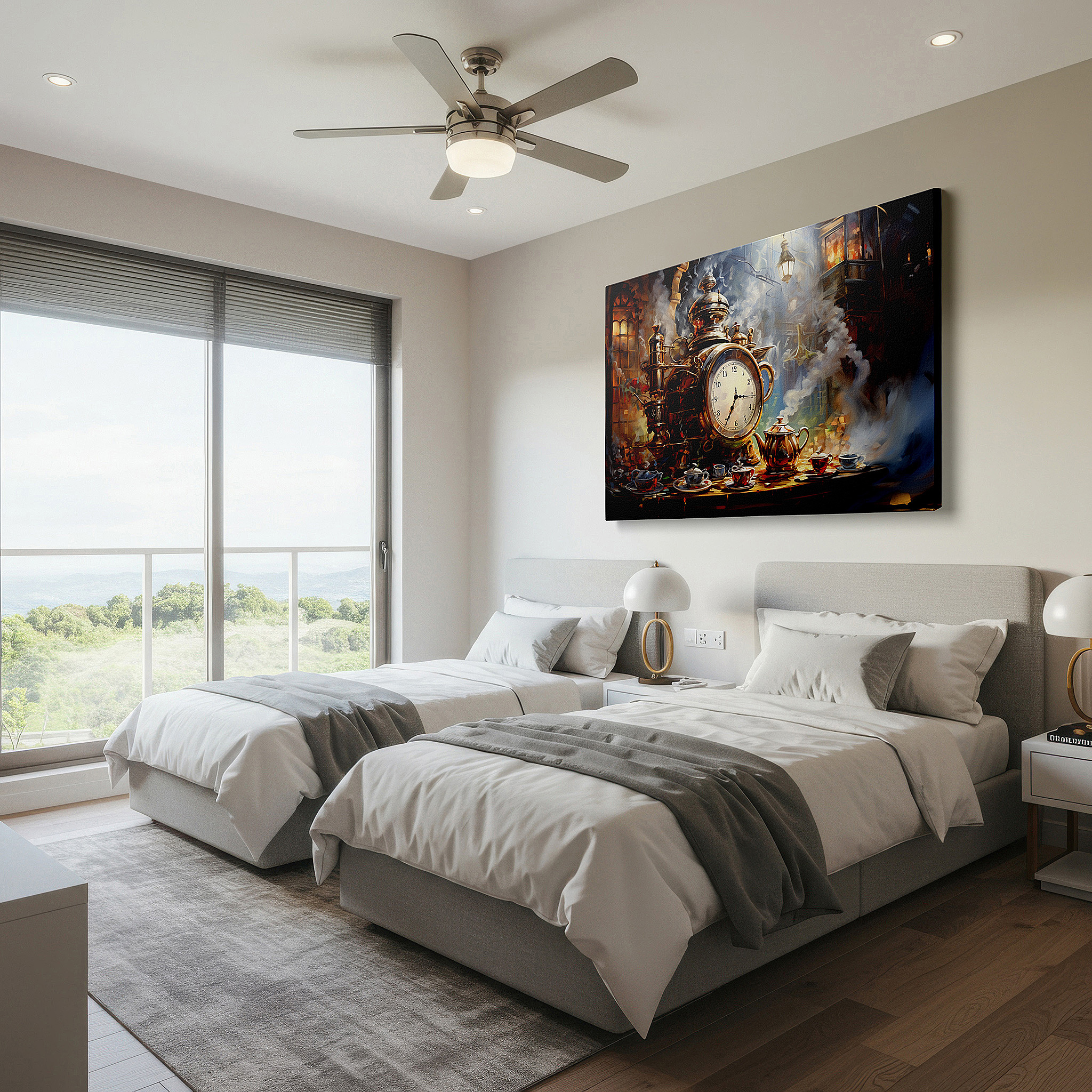 Available in 30×20 cm — a subtle addition to small personal spaces — victorian still life wall art: featuring a steam clock and tea set - large canvas art for home and office decor, perfect for living room and bedroom