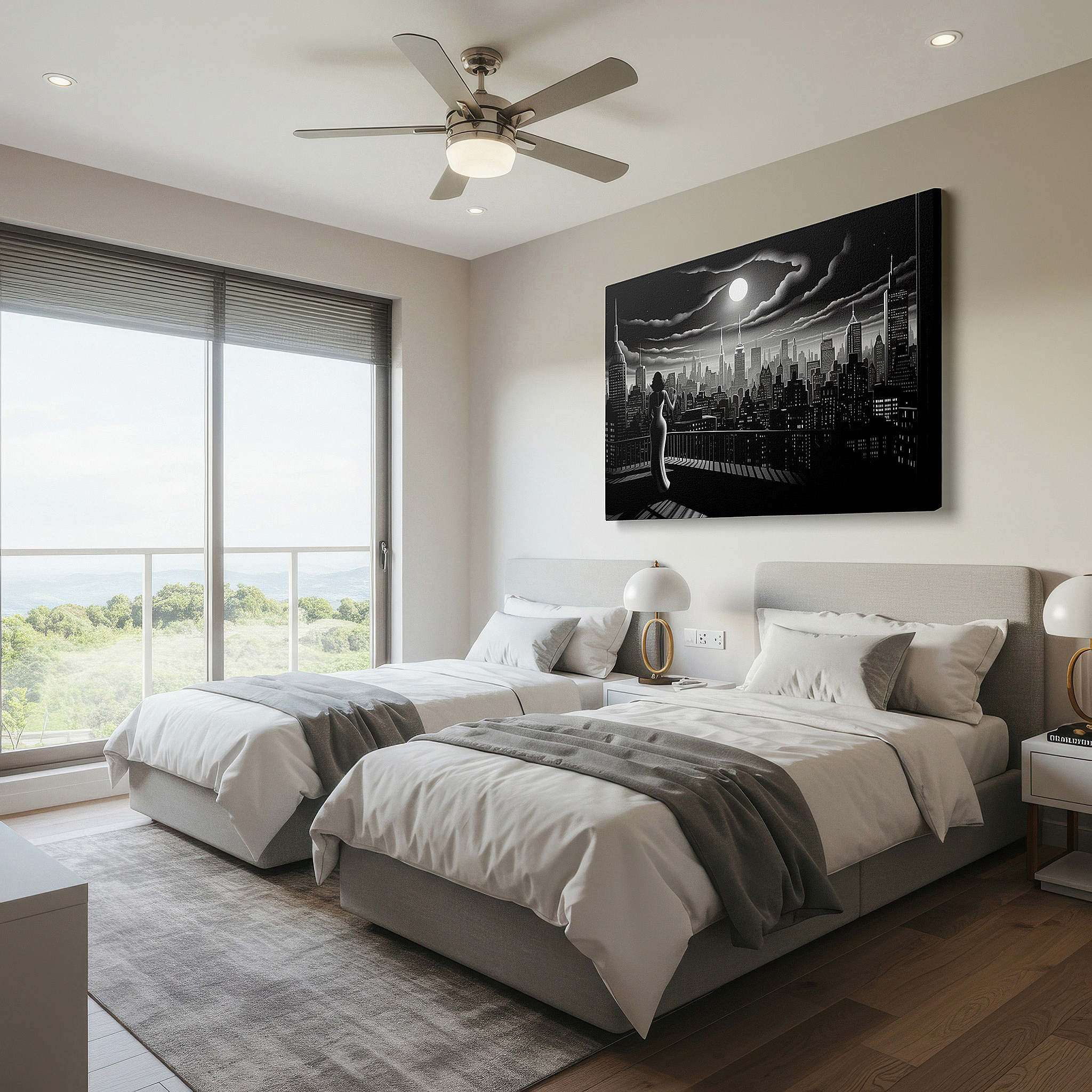 Available in 30×20 cm — a subtle addition to small personal spaces — wall art: "human grace and urban energy under moonlit serenity" - large canvas for office, bedroom, or living room decor