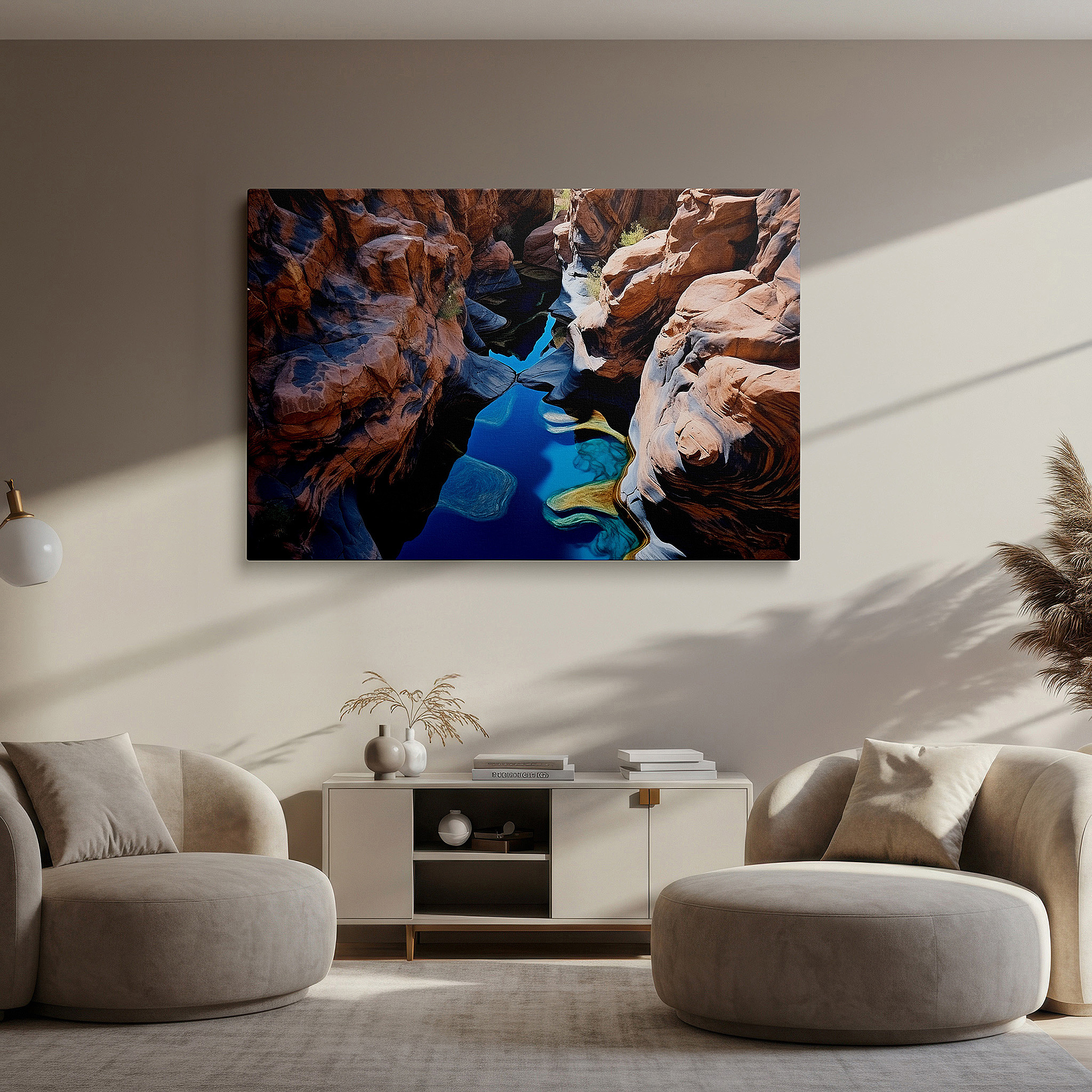 Available in 30×20 cm — a subtle addition to small personal spaces — wall art: large canvas featuring the serene majesty of a meandering canyon with vibrant reflections in tranquil waters, ideal for office decor