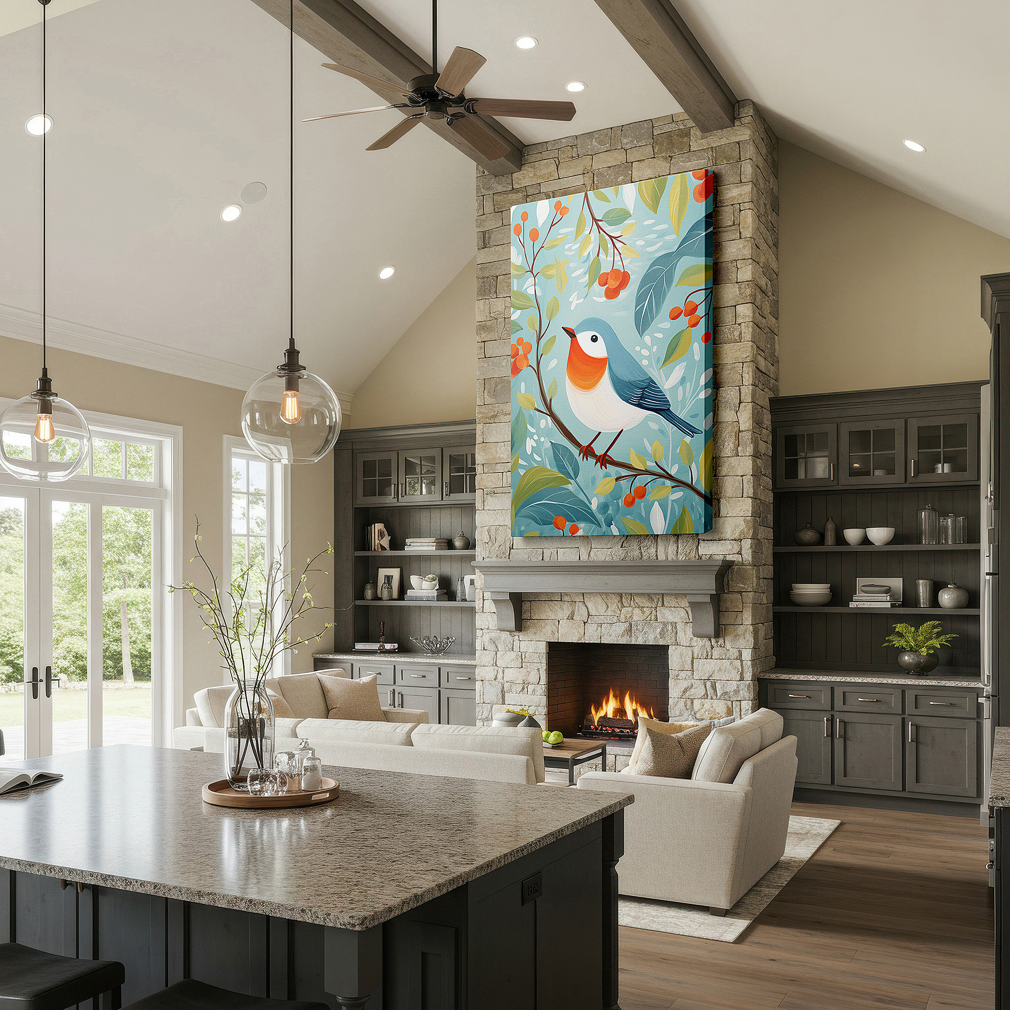 Available in 30×20 cm — a subtle addition to small personal spaces — wall art: lush foliage with vivid bird - a tranquil homage to nature's beauty. ideal for office, bedroom, and home decor, available as large canvas wall art.