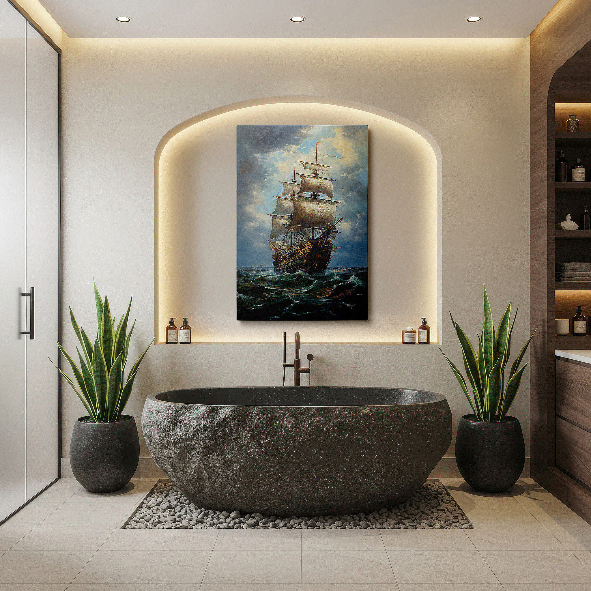 Available in 30×20 cm — a subtle addition to small personal spaces — wall art: "majestic ship battles nature's fury" - a salute to resilience and adventure. ideal for office and bedroom decor, available as large canvas wall art.