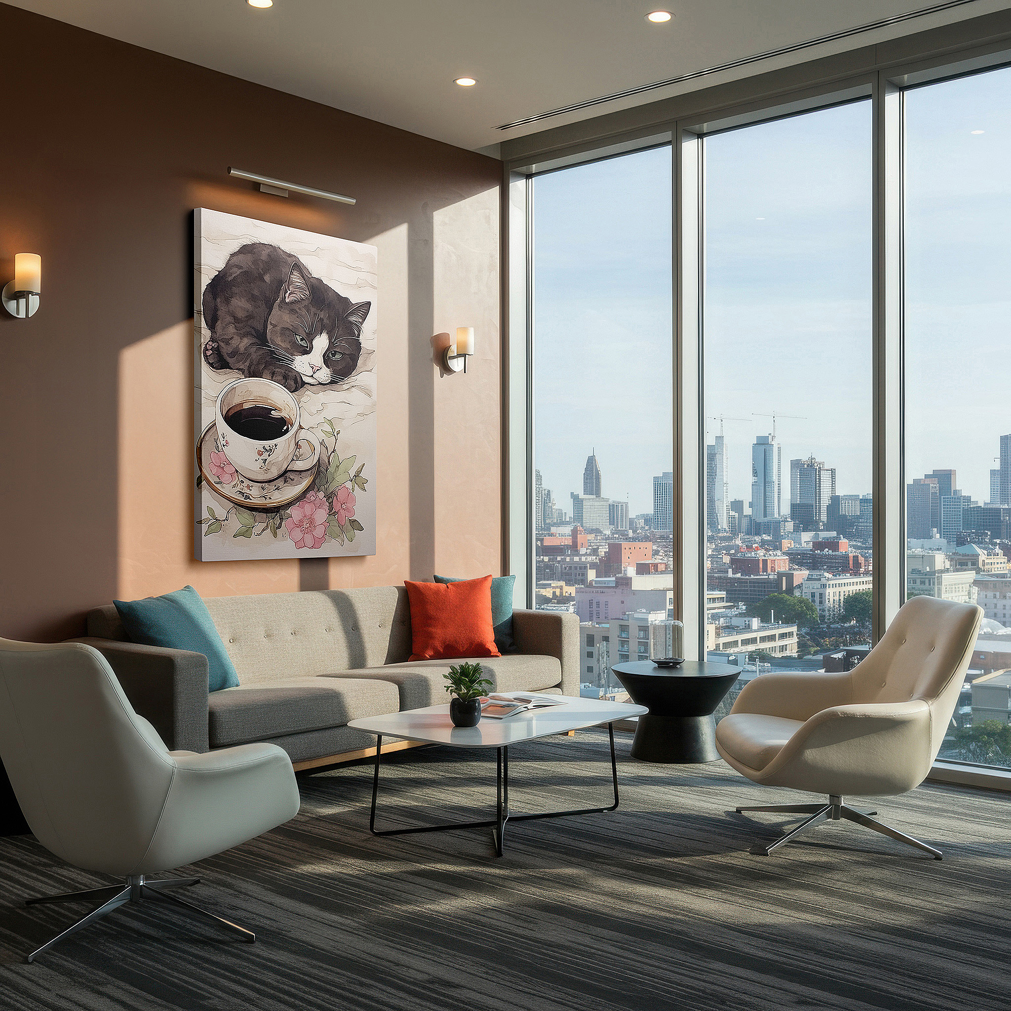 Available in 30×20 cm — a subtle addition to small personal spaces — wall art: peaceful apathy featuring a cat and flower-adorned coffee cup, tranquil haven large canvas art, home and office decor for living room and bedroom