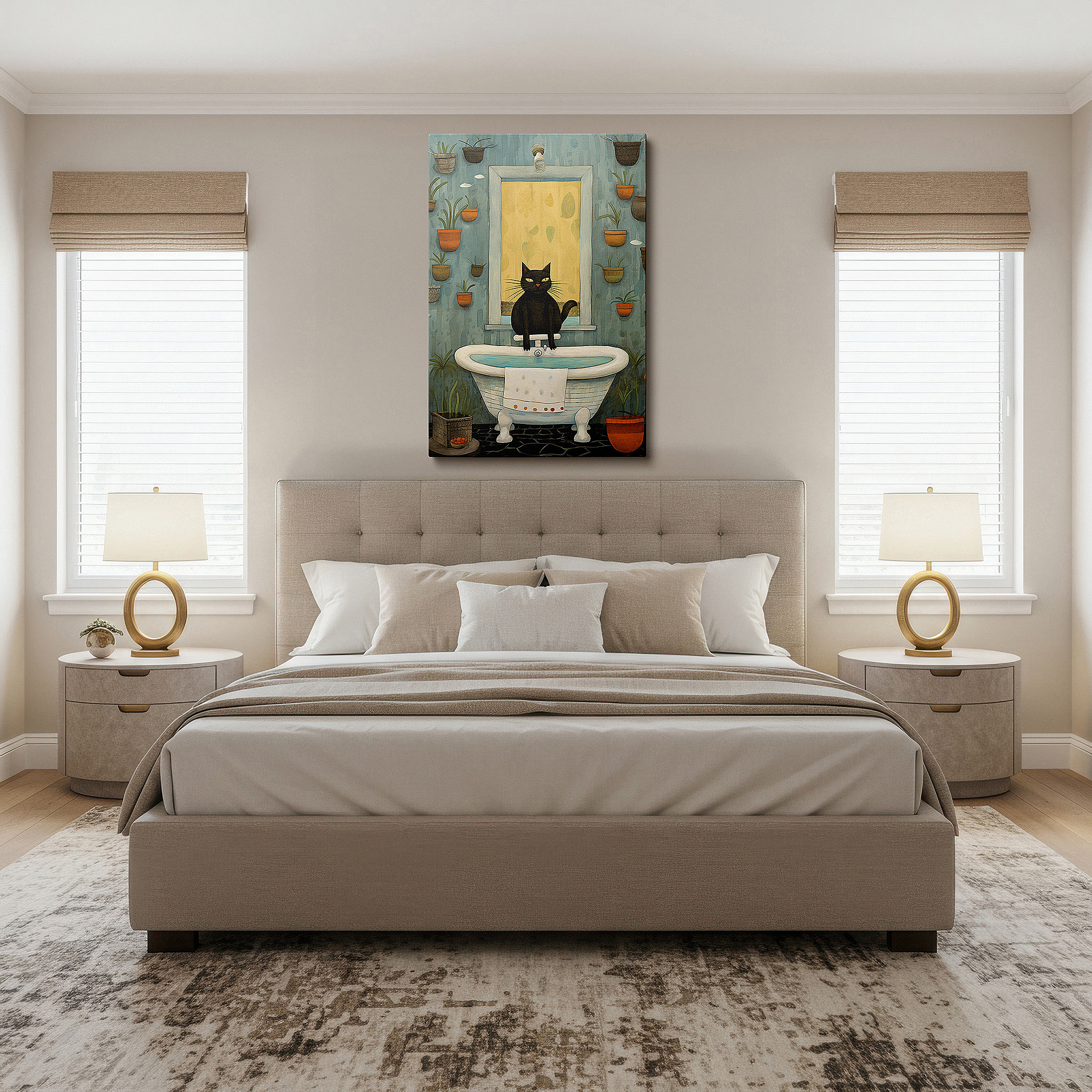 Available in 30×20 cm — a subtle addition to small personal spaces — wall art: serene beauty featuring a black cat on a bathtub surrounded by verdant plants and gentle lighting - large canvas wall art for home and office decor