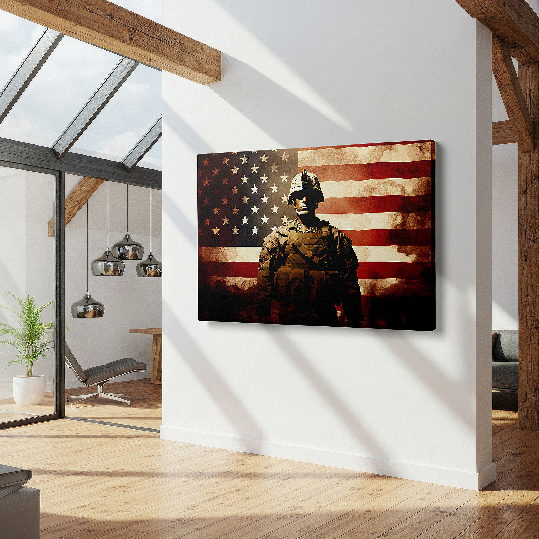 Available in 30×20 cm — a subtle addition to small personal spaces — wall art: soldier silhouette and american flag - celebrating bravery, sacrifice, and patriotism. large canvas wall decor.