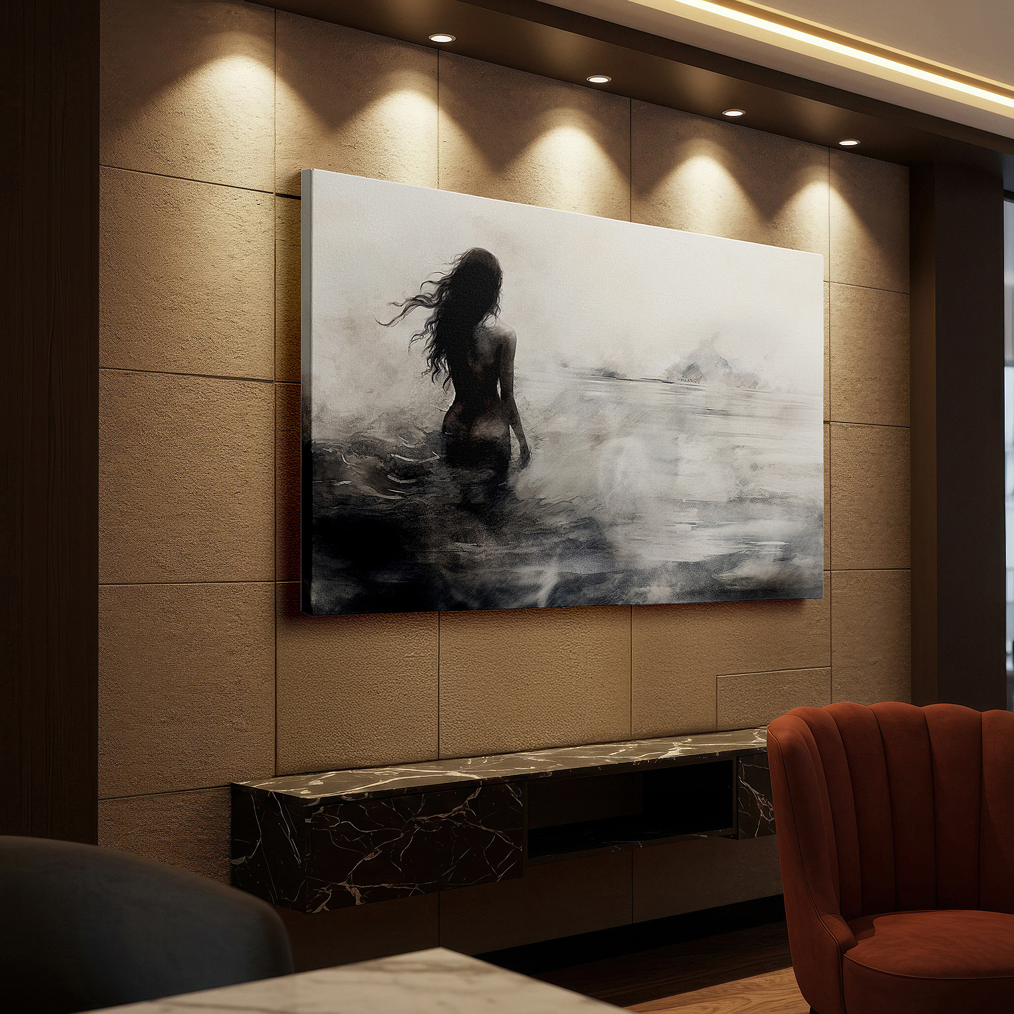 Available in 30×20 cm — a subtle addition to small personal spaces — wall art: "solitary silhouette in misty waters" - a serene and haunting depiction of isolation. ideal for large wall spaces, canvas wall art, home and office decor.