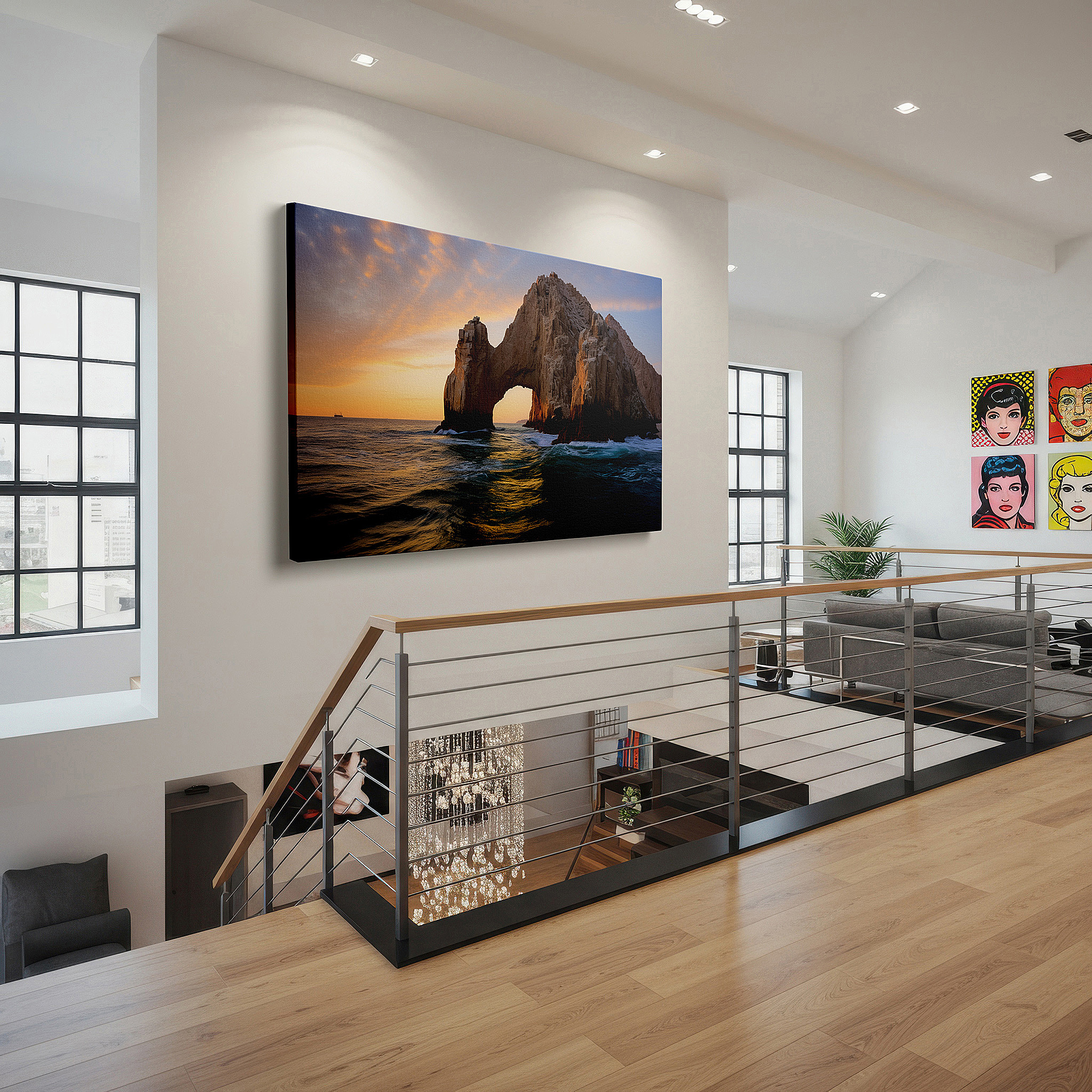 Available in 30×20 cm — a subtle addition to small personal spaces — wall art: stunning ocean-edge rock formation bathed in sunset's glow - large canvas wall art for office, bedroom, and living room decor