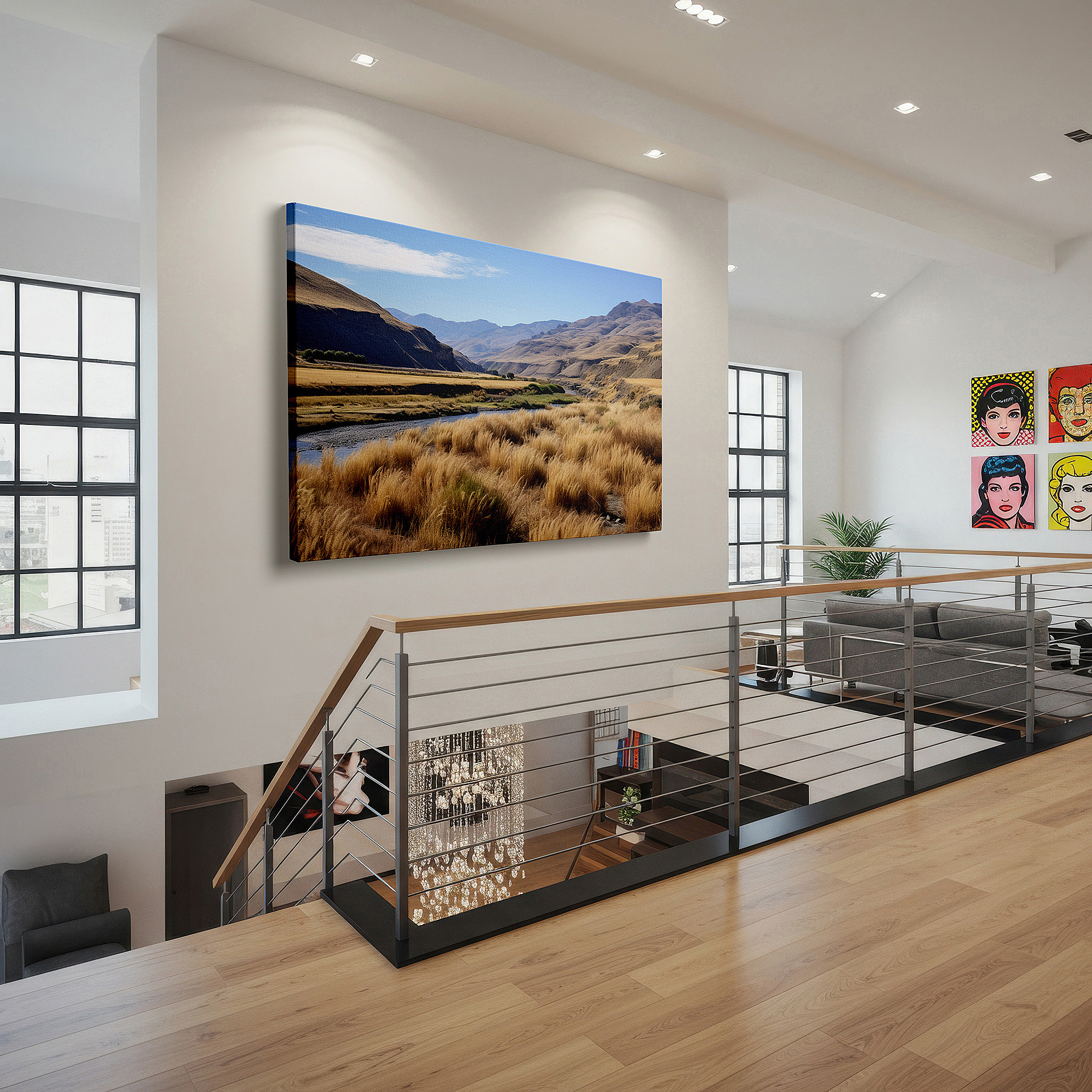 Available in 30×20 cm — a subtle addition to small personal spaces — wall decor: dry riverbed with golden grasses - a striking representation of nature's endurance and elegance. large canvas art for home and office.