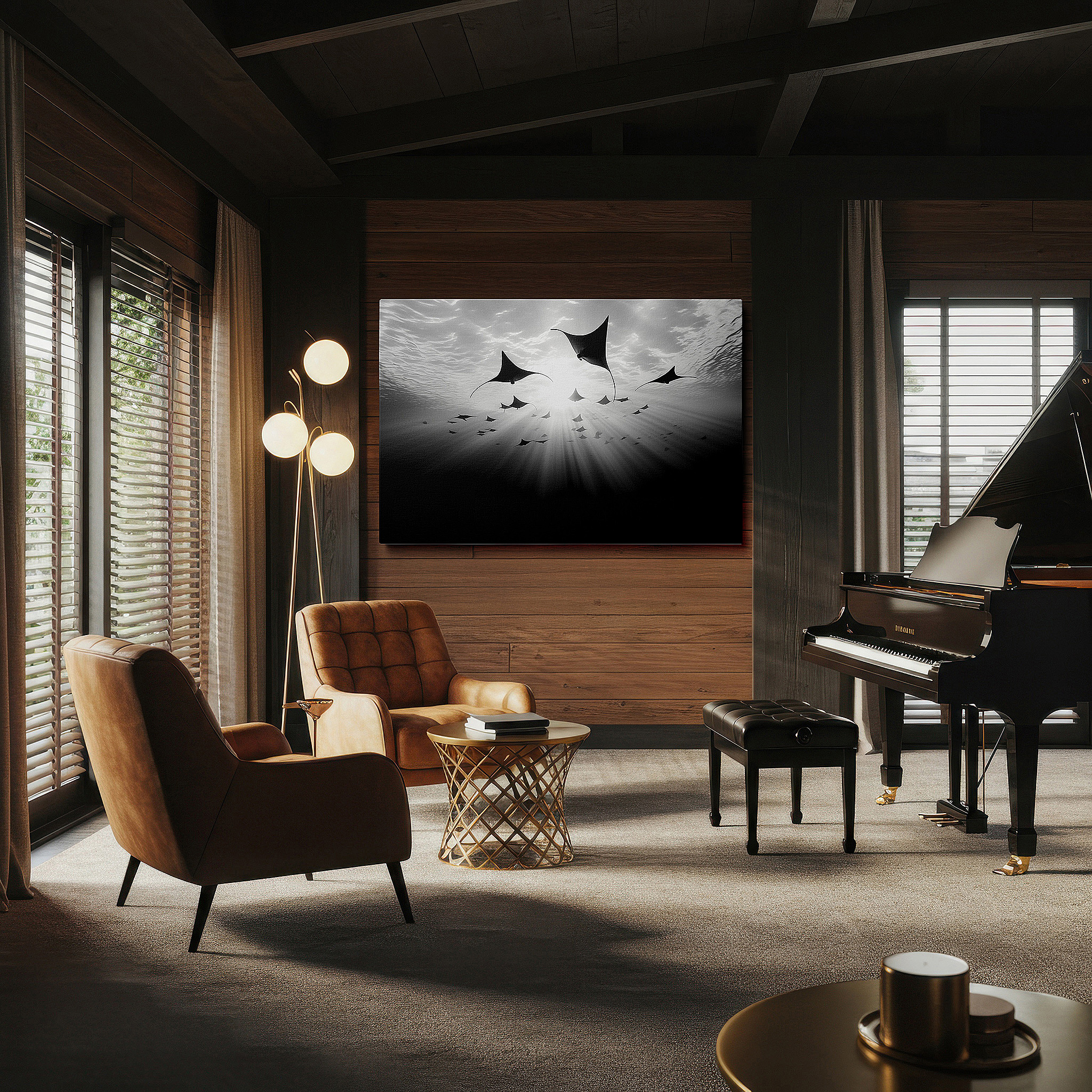 Available in 30×20 cm — a subtle addition to small personal spaces — wall decor: elegant manta rays glide through tranquil waters, a dance of light and shadow - large canvas art for office and bedroom