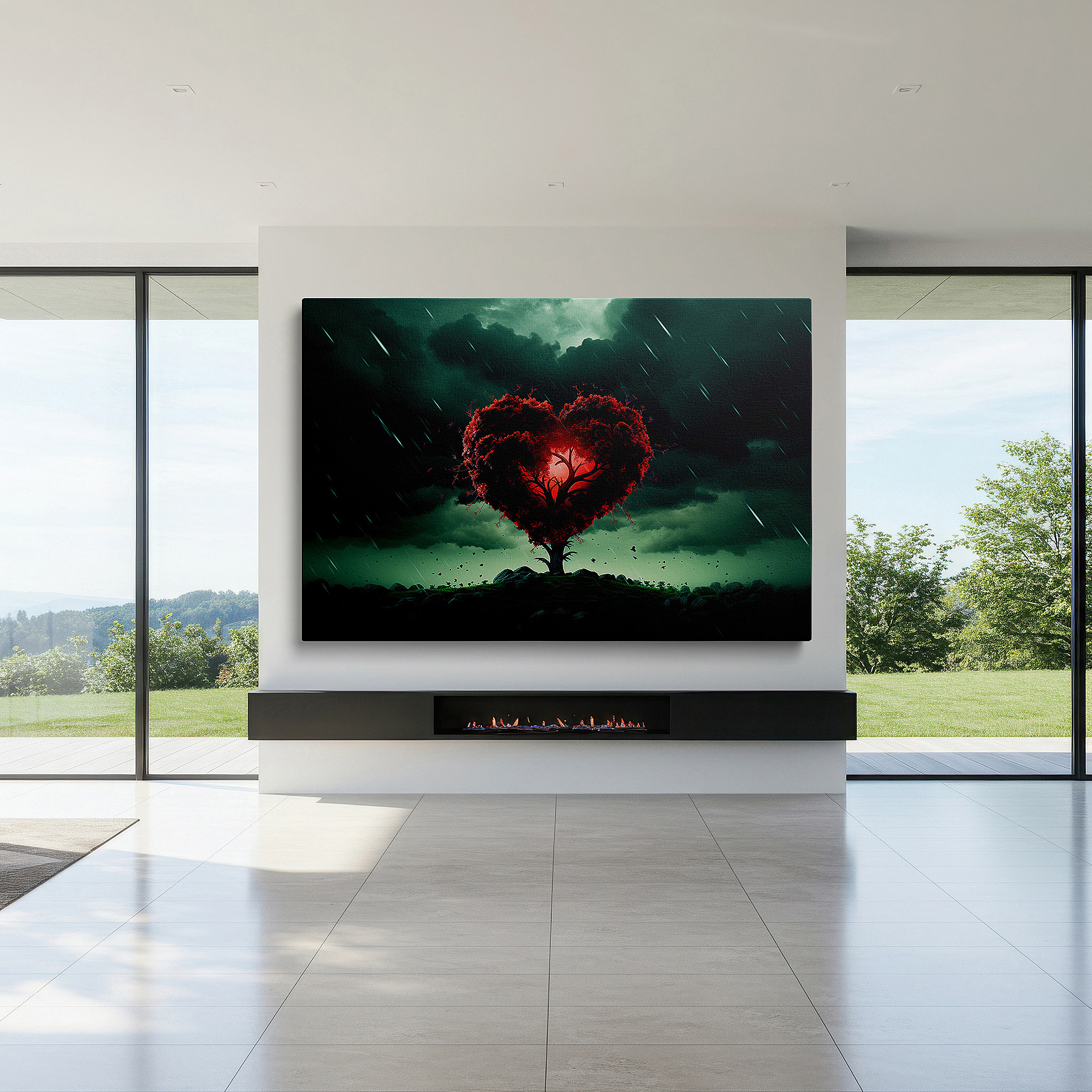 Available in 30×20 cm — a subtle addition to small personal spaces — wall decor: stormy sky heart-shaped tree, emblem of resilience and passion - large canvas art for office and bedroom