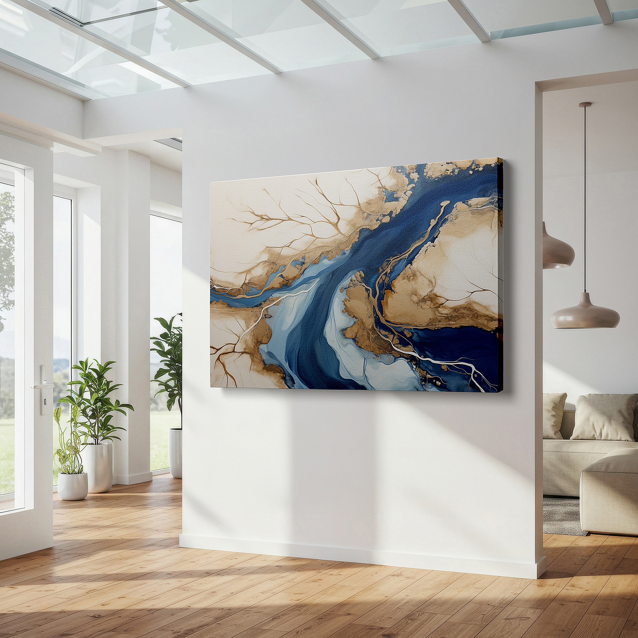 Back view reveals professional finishing and solid wood frame — abstract waterways in blue and earth tones, tranquil large wall art, canvas decor for office