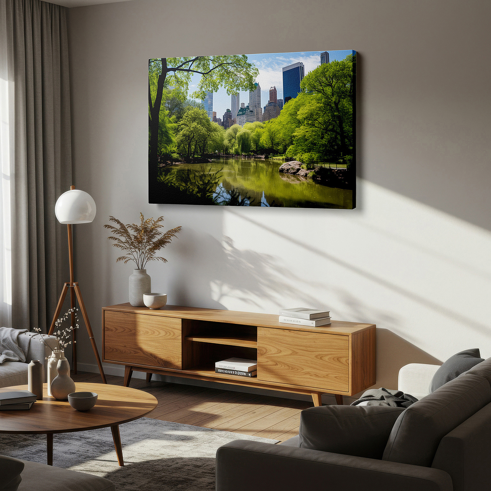Back view reveals professional finishing and solid wood frame — central park oasis wall art: experience the serenity of nature against new york's city skyline - large canvas art for home and office decor