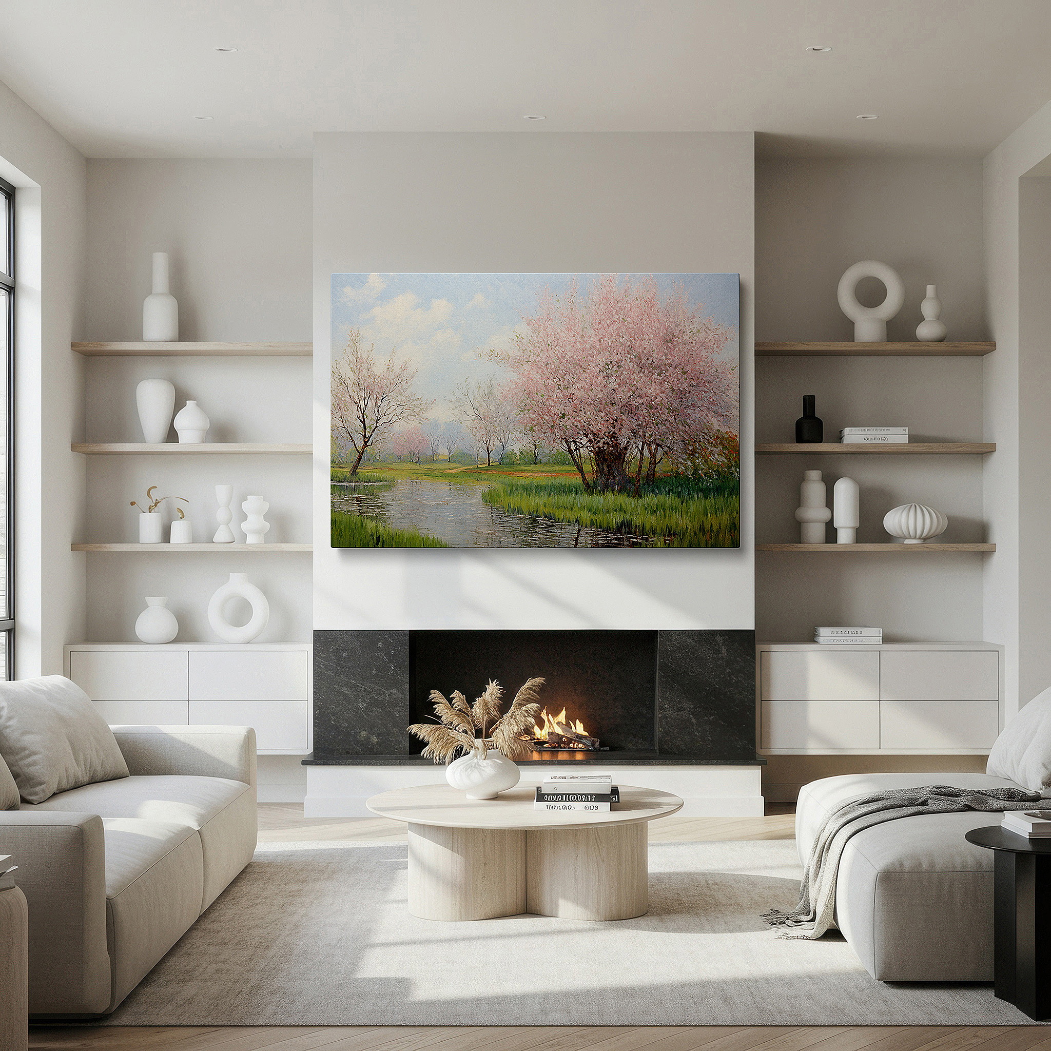 Back view reveals professional finishing and solid wood frame — cherry blossoms and tranquil waters spring essence large canvas wall art for office, bedroom, and living room decor