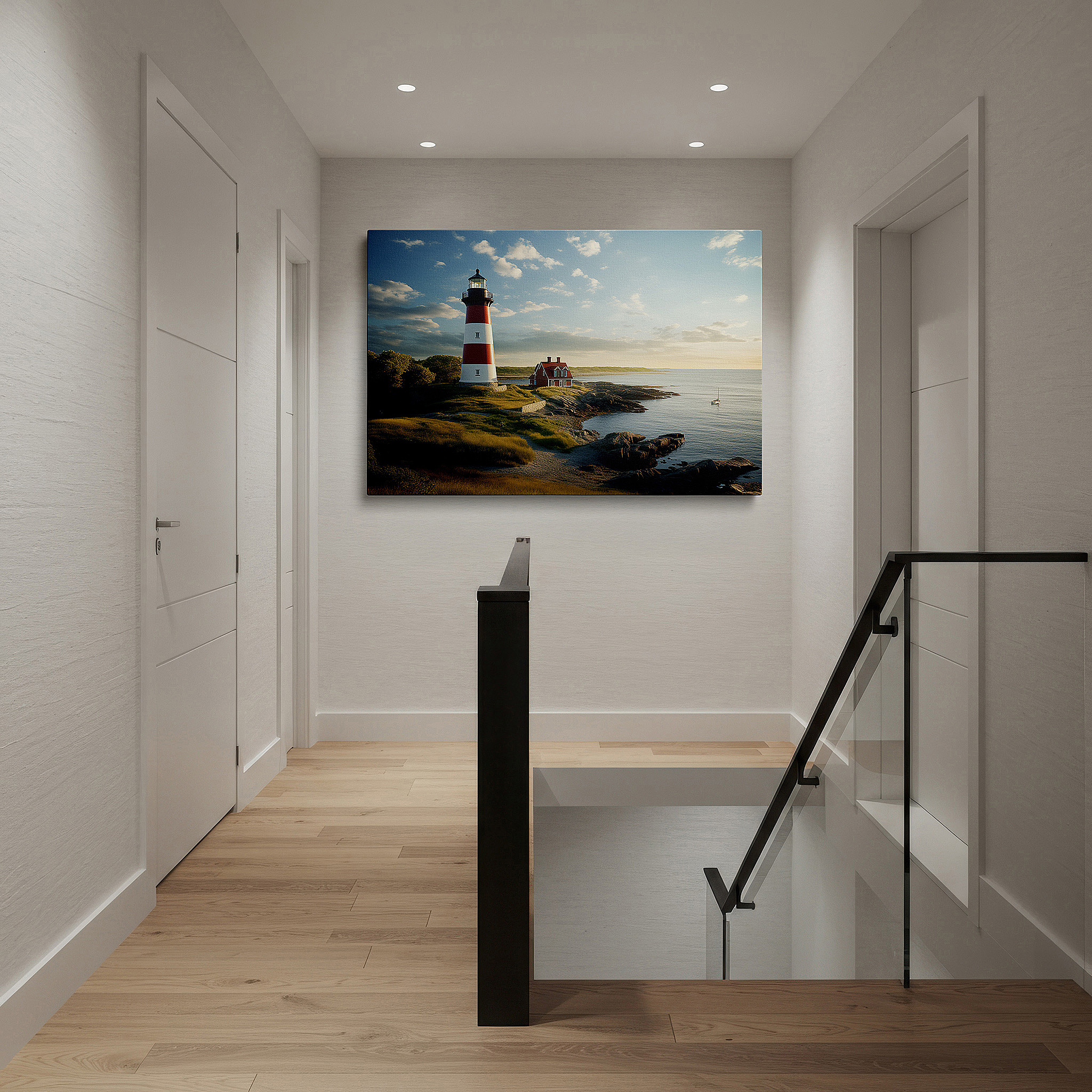 Back view reveals professional finishing and solid wood frame — coastal calm and lighthouse direction - a perfect mix of nature and architecture: large wall art, canvas wall art, wall decor, office wall art