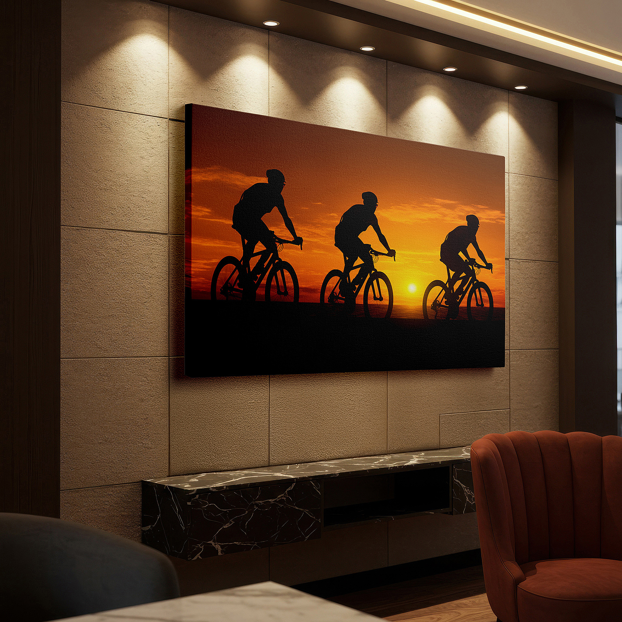 Back view reveals professional finishing and solid wood frame — cyclists at sunset: essence of movement and freedom - large canvas wall art for home and office decor