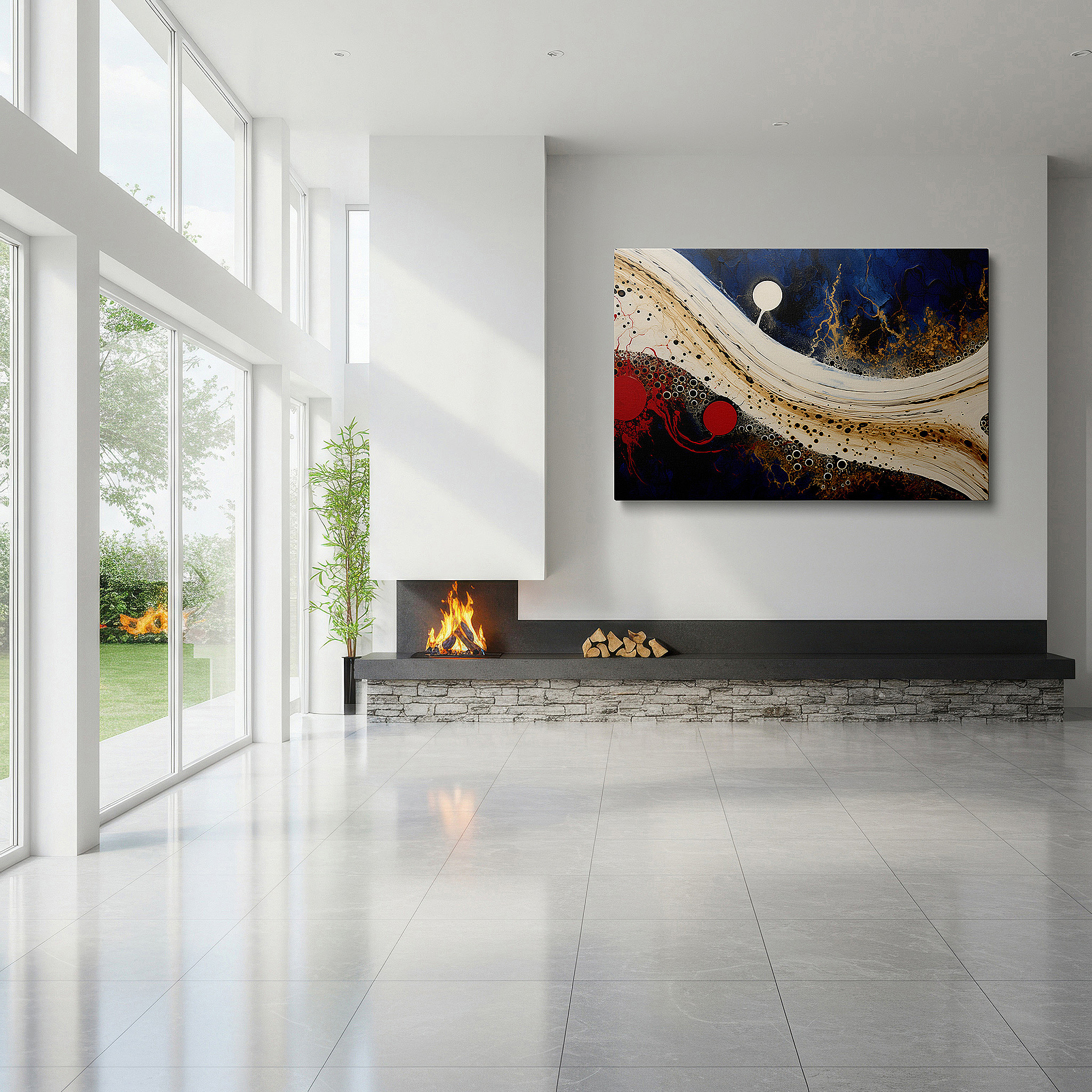 Back view reveals professional finishing and solid wood frame — dynamic abstract exploration of the human psyche in red, black, and blue: large canvas wall art for office and bedroom decor