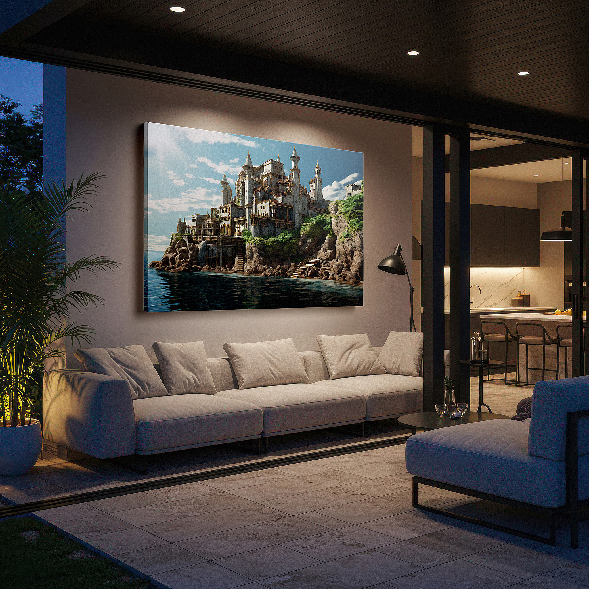 Back view reveals professional finishing and solid wood frame — enchanted castle on cliff canvas art: gateway to adventure and imagination, ideal for office and bedroom wall decor
