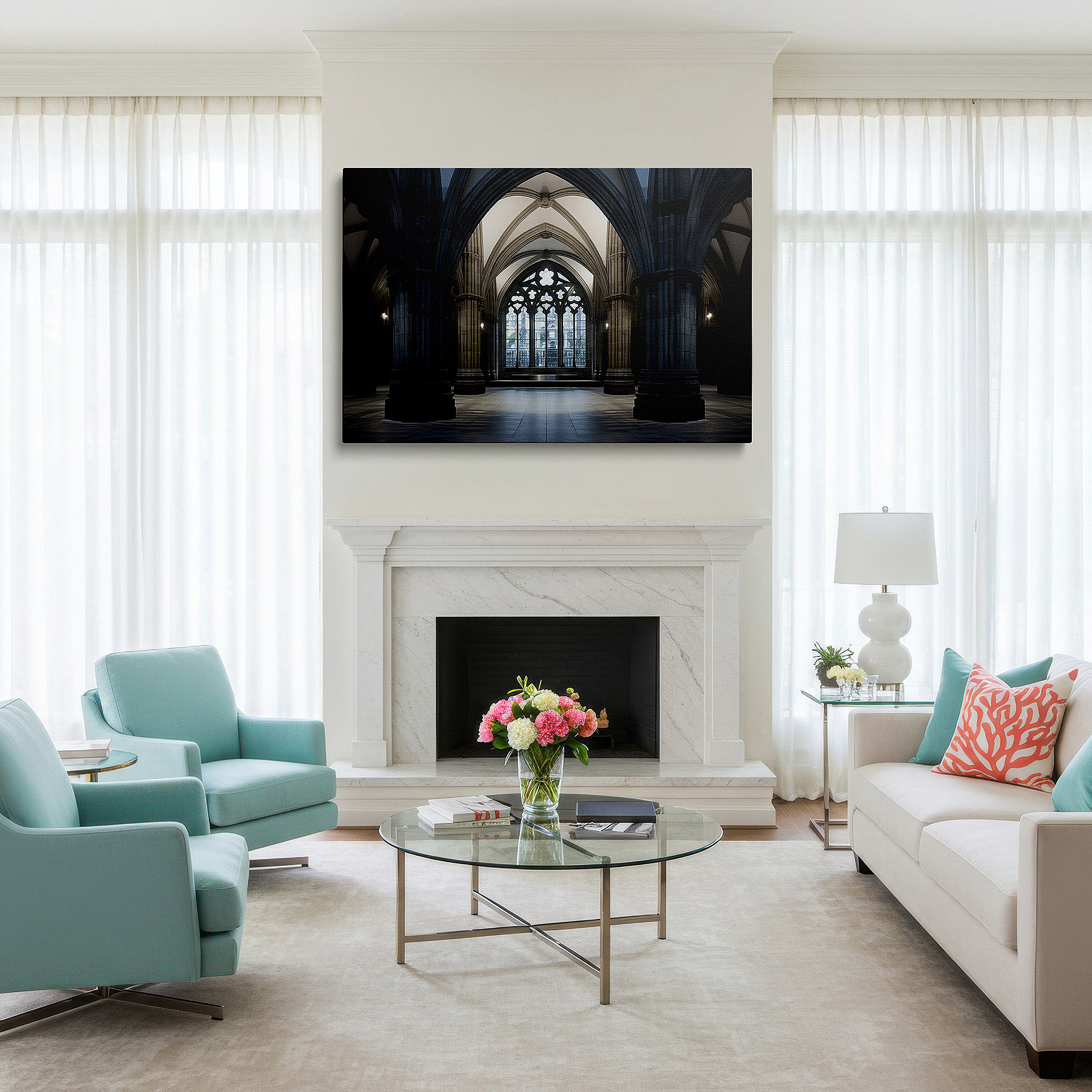 Back view reveals professional finishing and solid wood frame — gothic elegance in arches and stonework: reflective spaces wall art for office, bedroom, and living areas