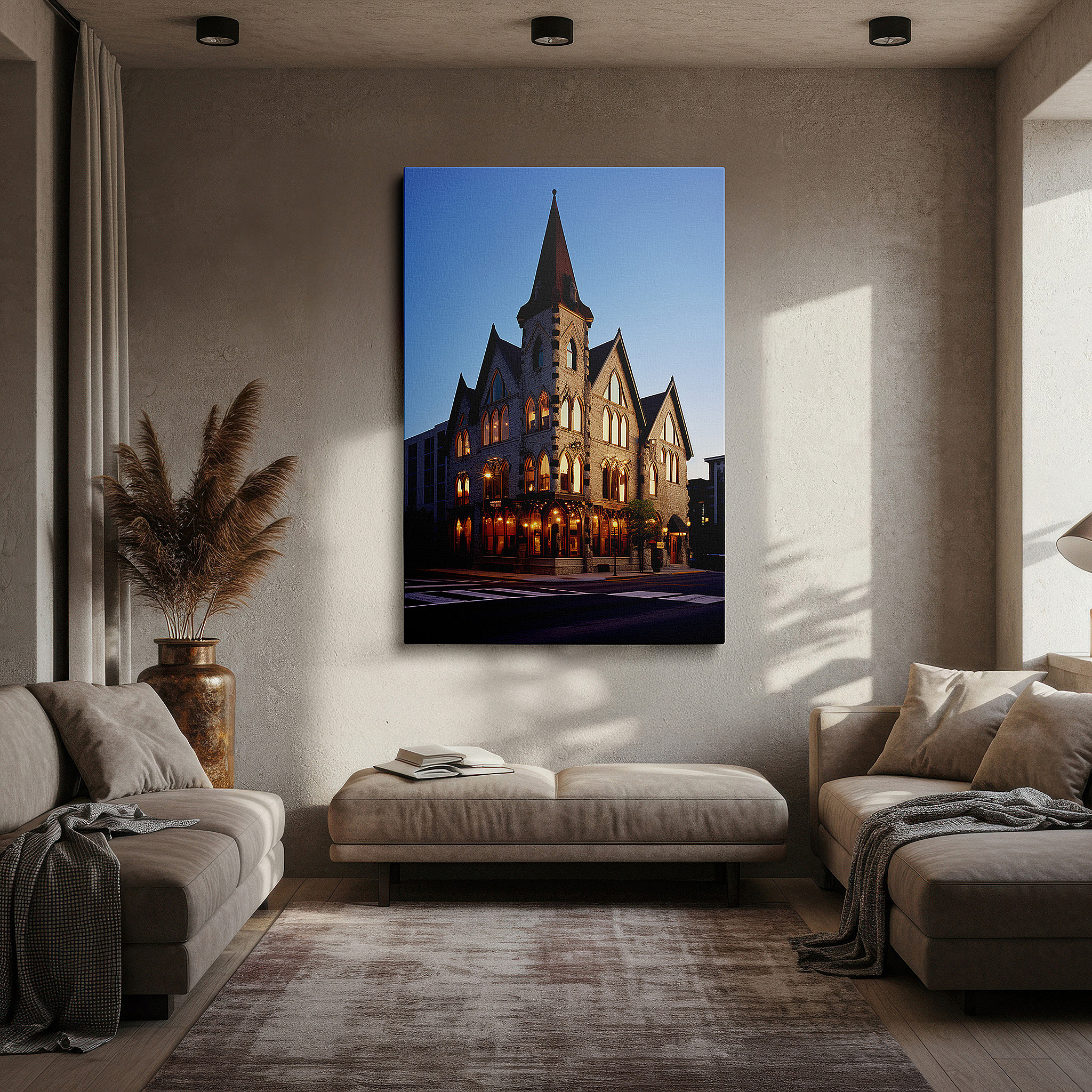 Back view reveals professional finishing and solid wood frame — gothic splendor at twilight: celebrating architectural grace and historical radiance - large wall art, canvas wall art, wall decor for offices