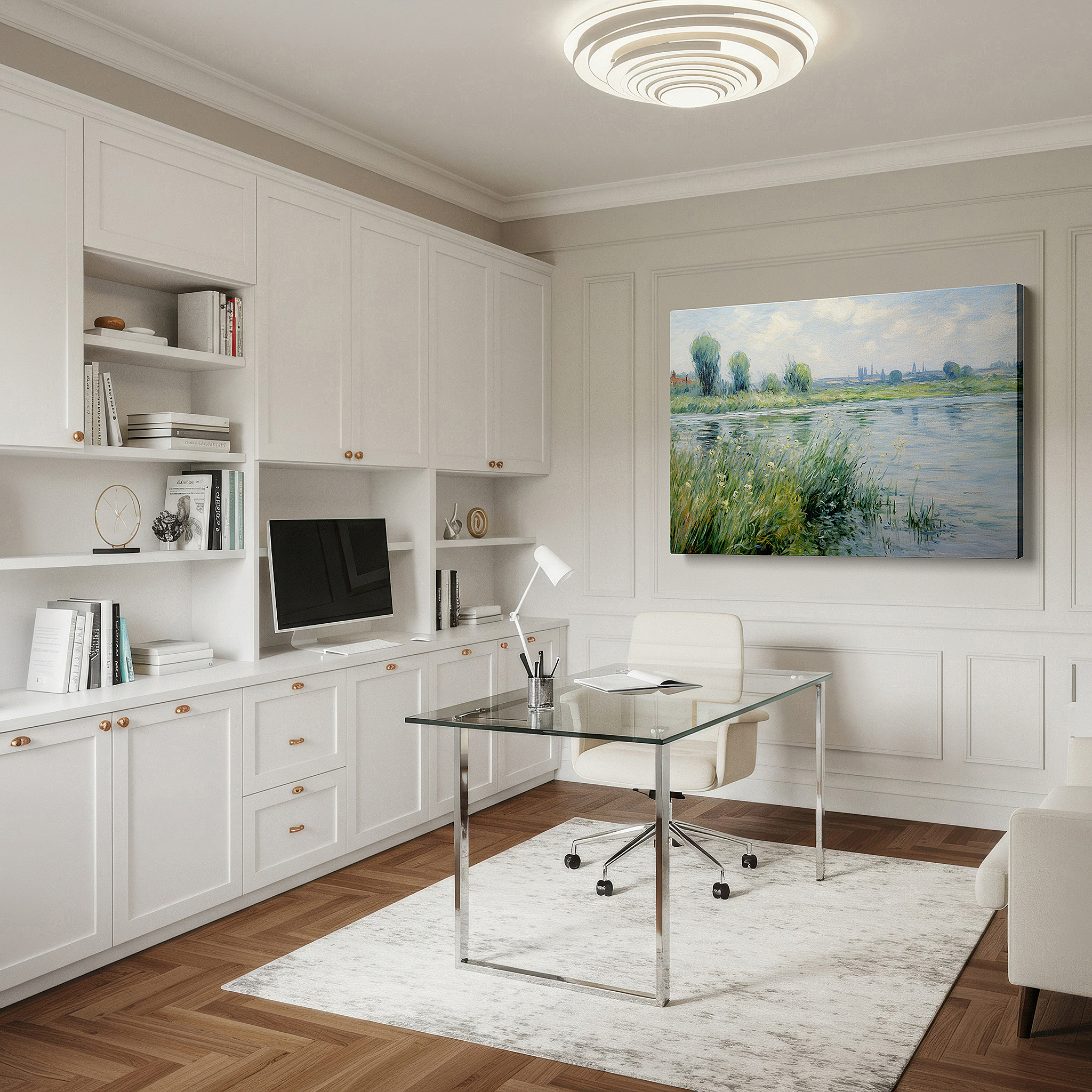 Back view reveals professional finishing and solid wood frame — idyllic countryside serenity and timeless rural charm beneath an expansive blue sky large wall art, canvas wall art, wall decor, office wall art