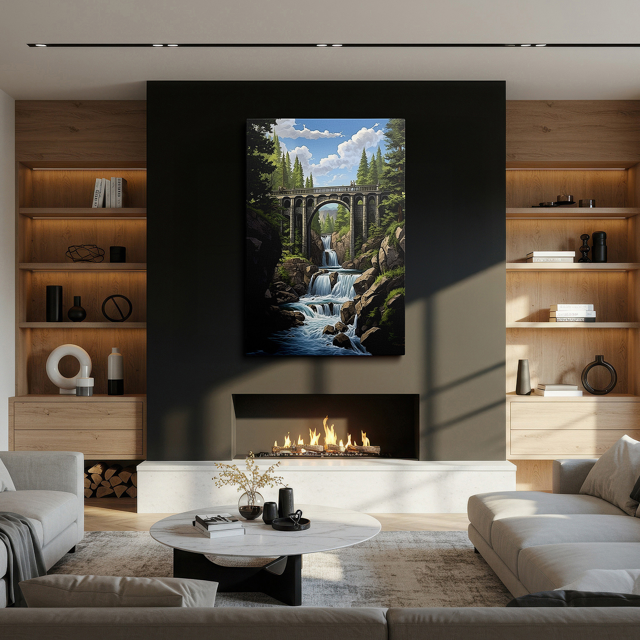 Back view reveals professional finishing and solid wood frame — majestic bridge and cascading waterfalls wall art, large canvas print, nature and craftsmanship themed office decor