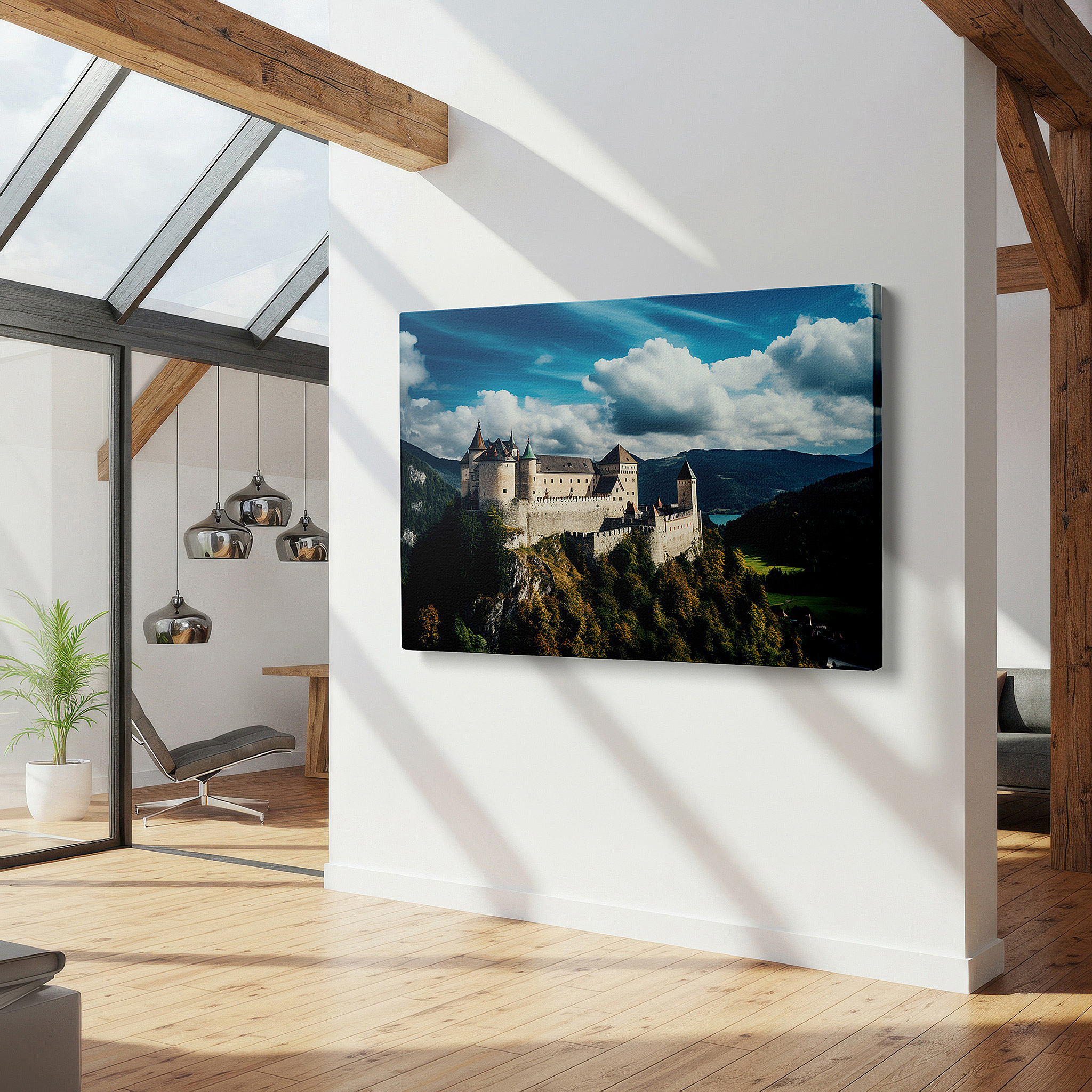 Back view reveals professional finishing and solid wood frame — majestic fortress castle surrounded by rugged mountains: a symbol of timeless strength and architectural excellence - large wall art, canvas wall art, wall decor