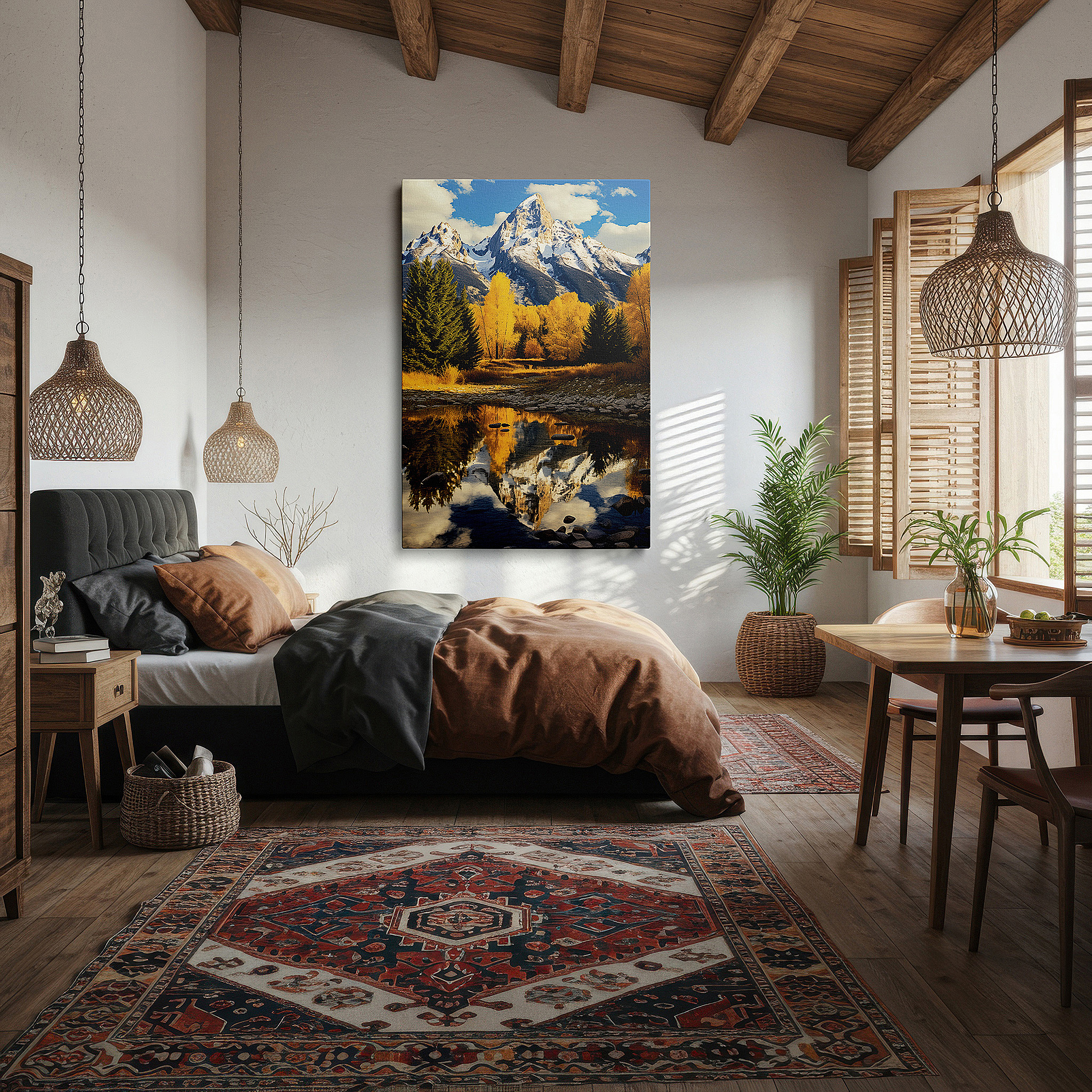 Back view reveals professional finishing and solid wood frame — majestic mountain peak and autumn trees reflection in a serene lake - large canvas wall art for office and bedroom decor