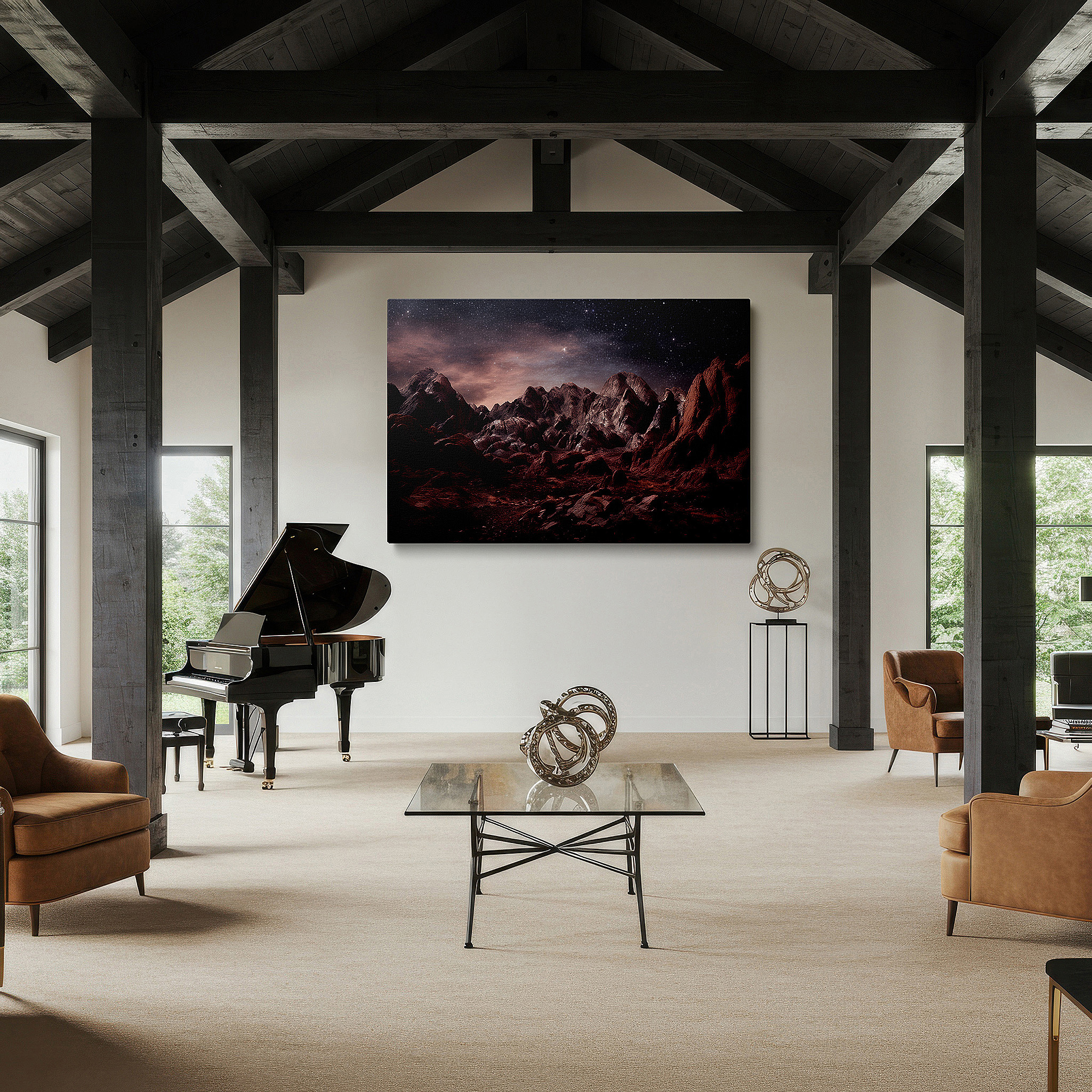 Back view reveals professional finishing and solid wood frame — majestic mountains beneath starry skies at dusk - expansive natural scenery wall art, large canvas print, home and office decor, bedroom wall art