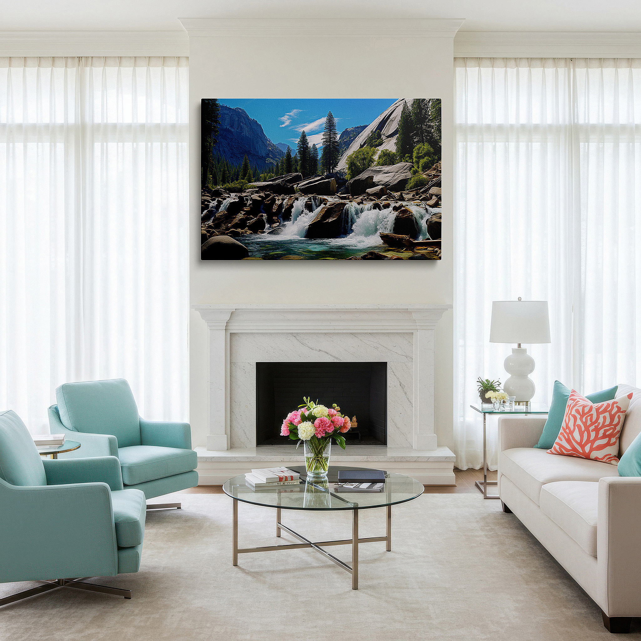 Back view reveals professional finishing and solid wood frame — majestic waterfall surrounded by lush green peaks under a bright blue sky large wall art, canvas wall art, wall decor for office and bedroom