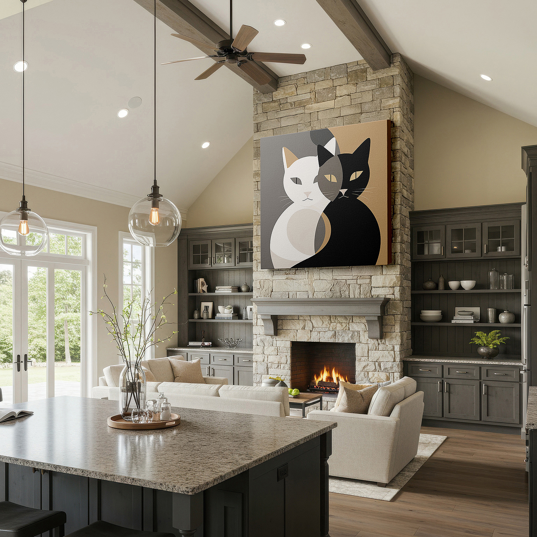 Back view reveals professional finishing and solid wood frame — minimalist entwined cats wall art, symbolizing unity and duality, perfect for office or bedroom decor
